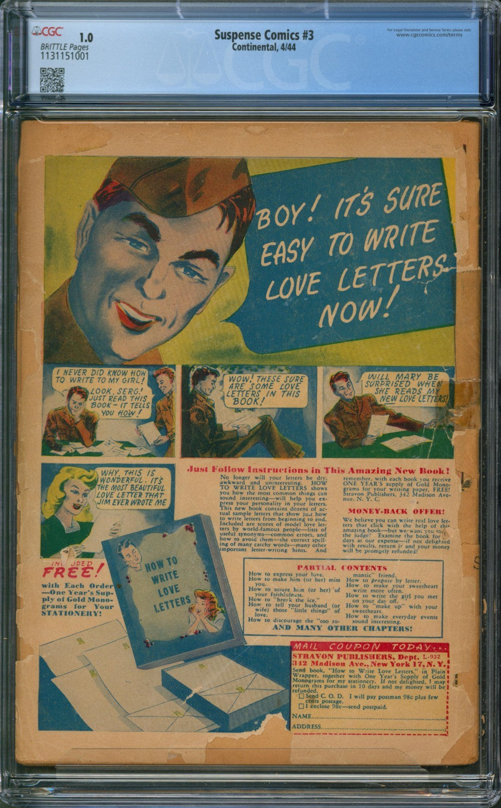 Suspense Comics #3 CGC 1.0 Continental 1944 Classic Alex Schomburg Bondage Cover