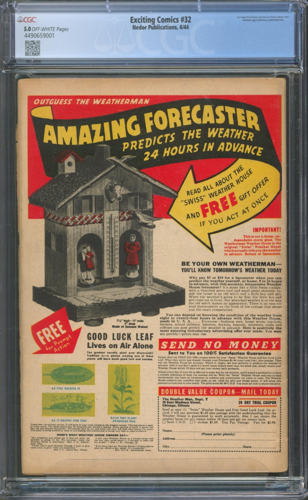 Exciting Comics #32 CGC 5.0 Nedor Publications 1944 Alex Schomburg WW2 Cover