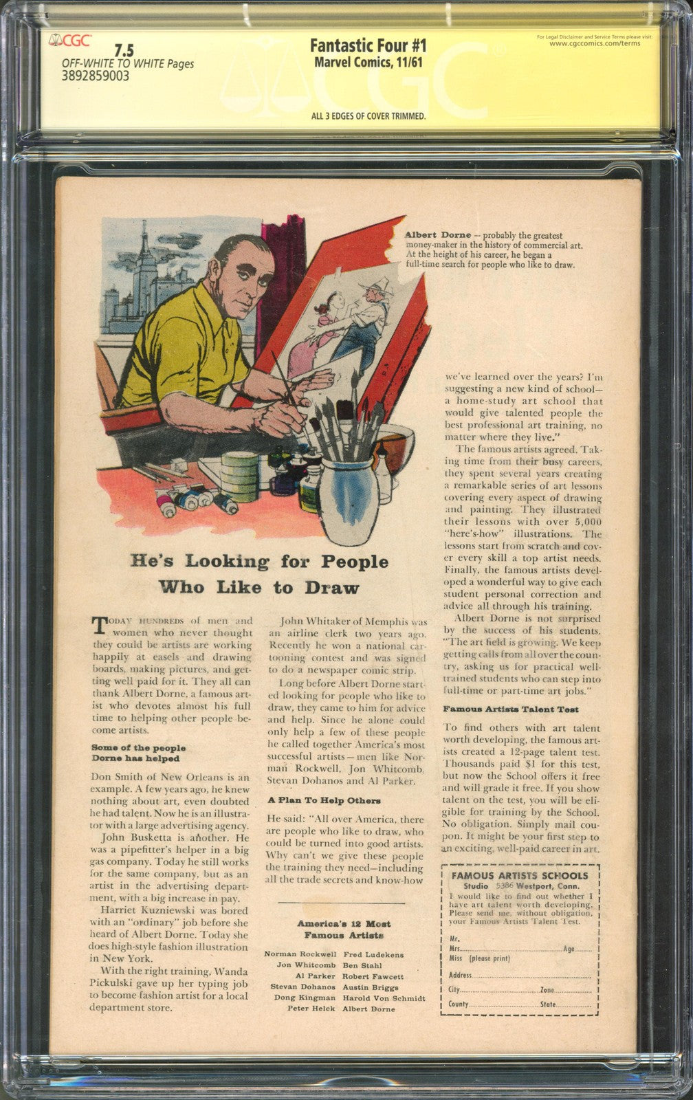 Fantastic Four #1 CGC 7.5 Marvel Comics 1961 Restored Signed by Stan Lee 1st App