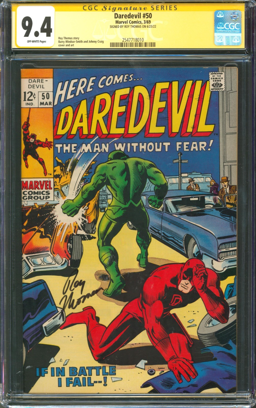 Daredevil #50 CGC 9.4 Marvel Comics 1969 Signed by Roy Thomas