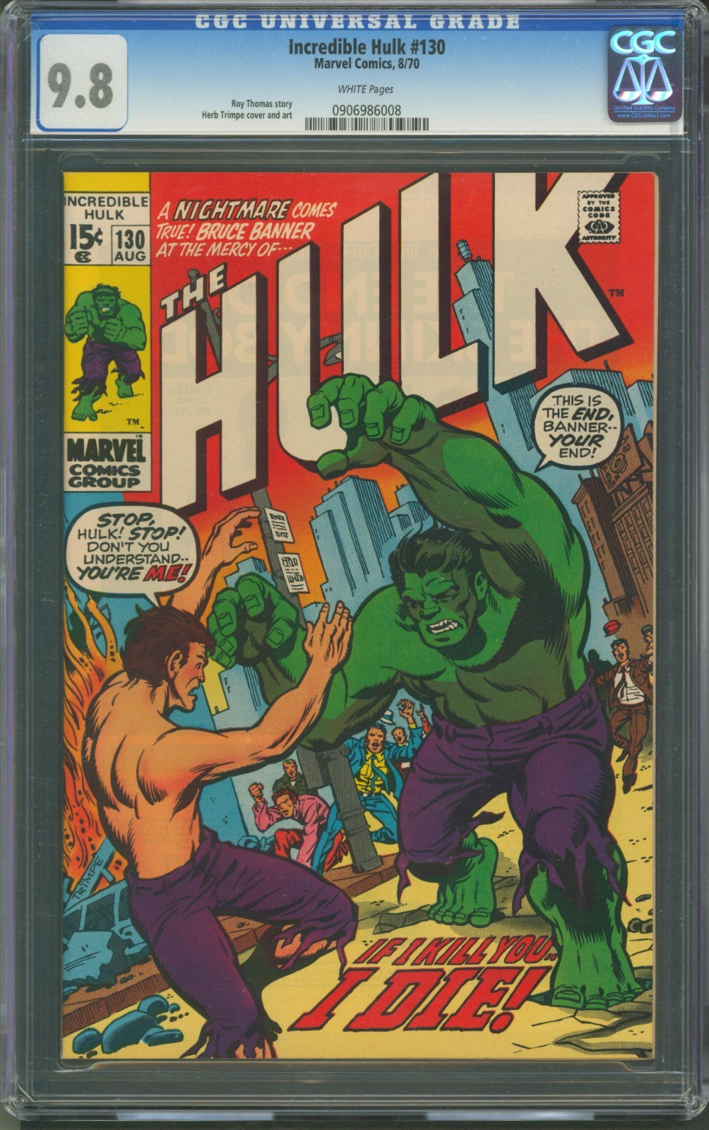 Incredible Hulk #130 CGC 9.8 Marvel Comics 1970 White Pages Bruce Banner Cover