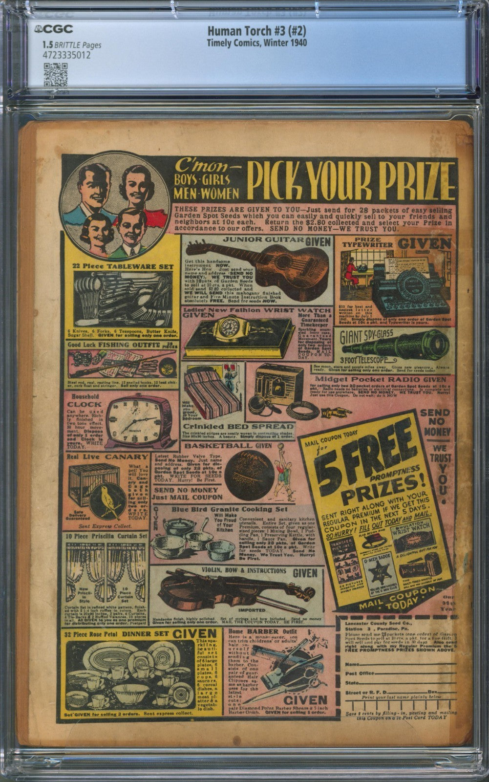 Human Torch #3 (#2) CGC 1.5 Timely Comics 1940 2 Ads for Captain America #1