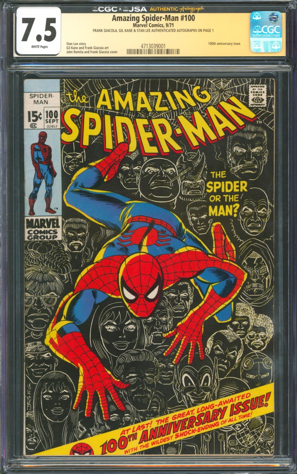 Amazing Spider-Man #100 CGC 7.5 Marvel 1971 100th Anniversary Signed Stan Lee +2