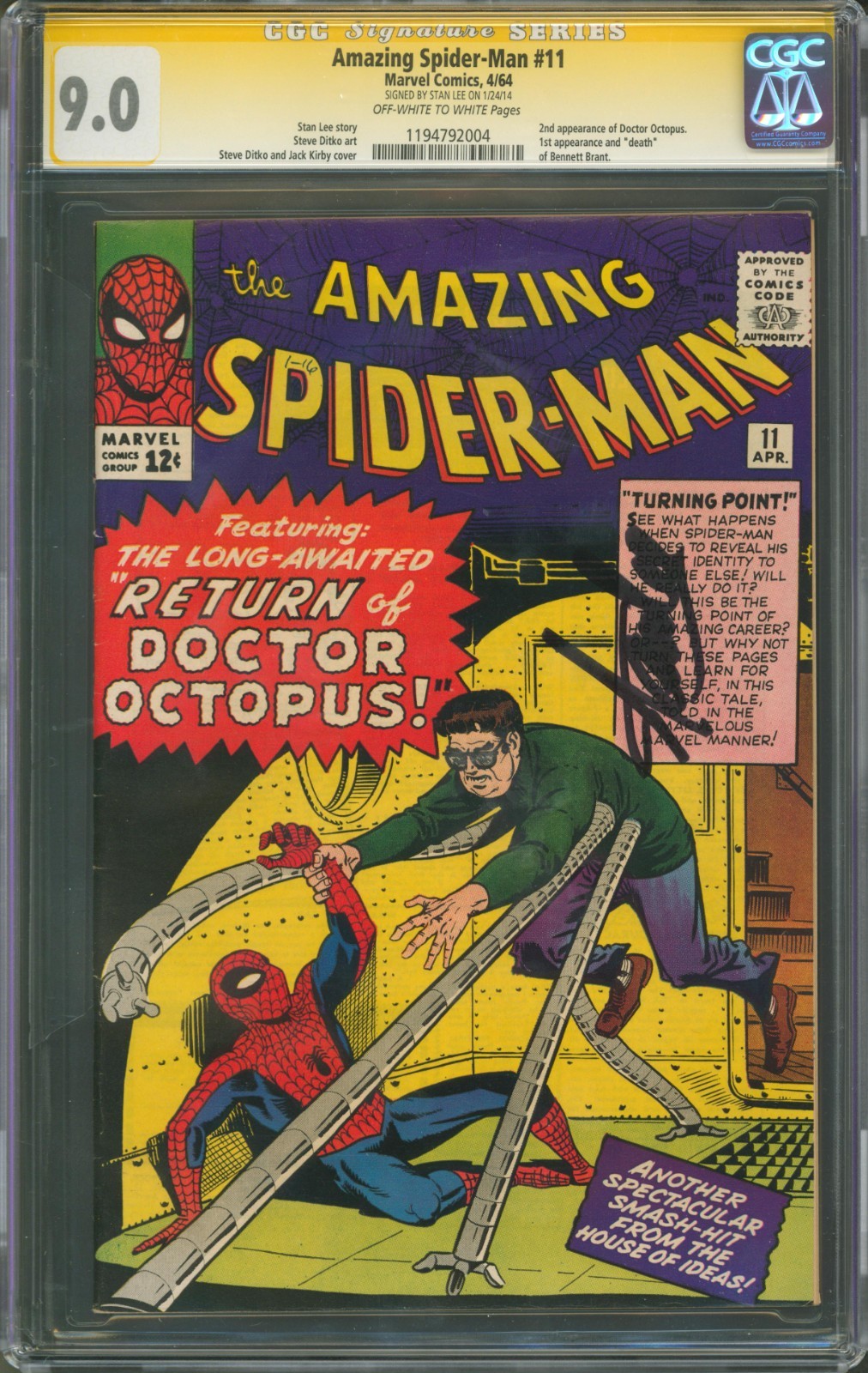 Amazing Spider-Man #11 CGC 9.0 Marvel Comics 1964 Stan Lee Signed Highest Graded