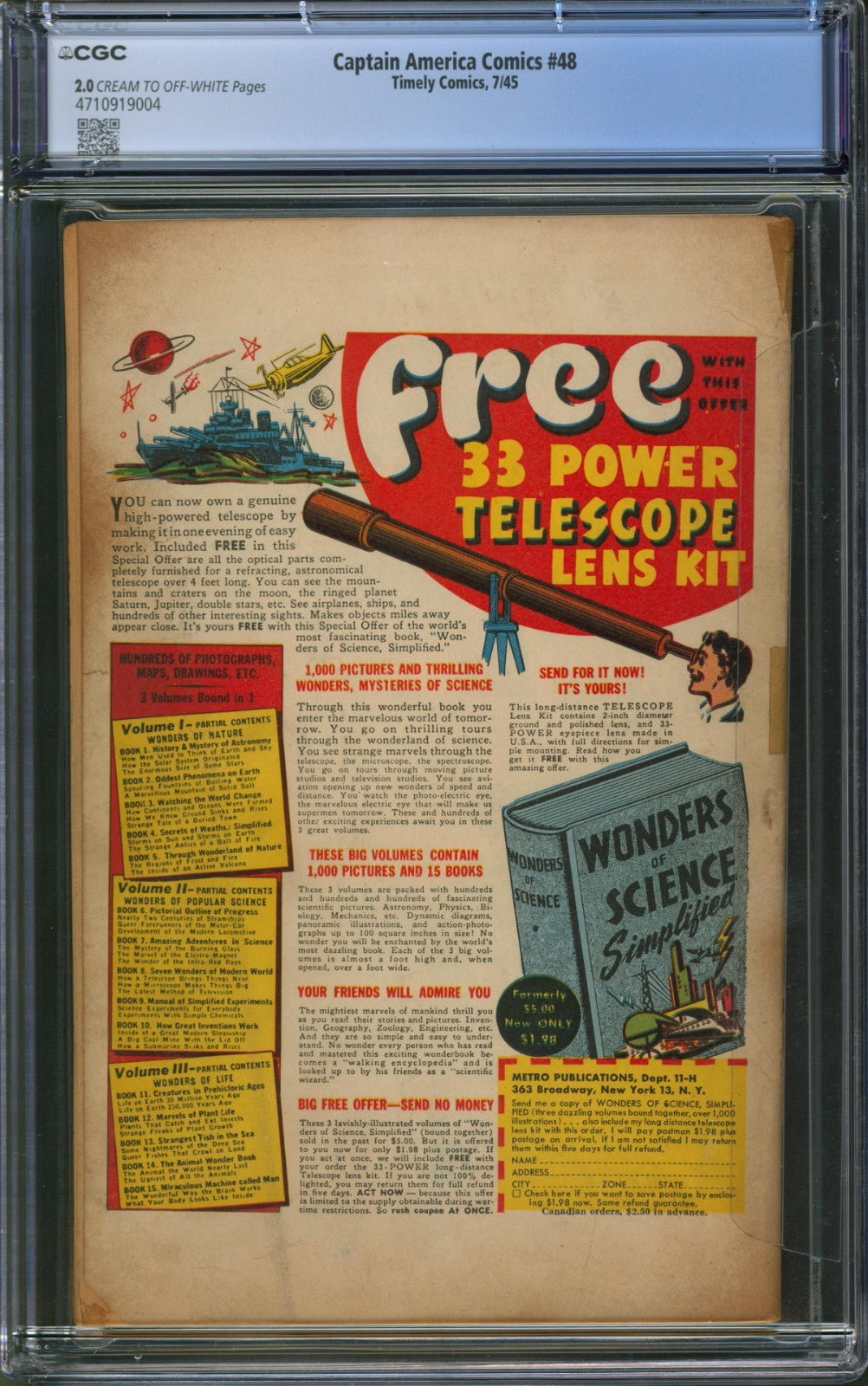 Captain America Comics #48 CGC 2.0 Timely 1945 Alex Schomburg Cover Human Torch