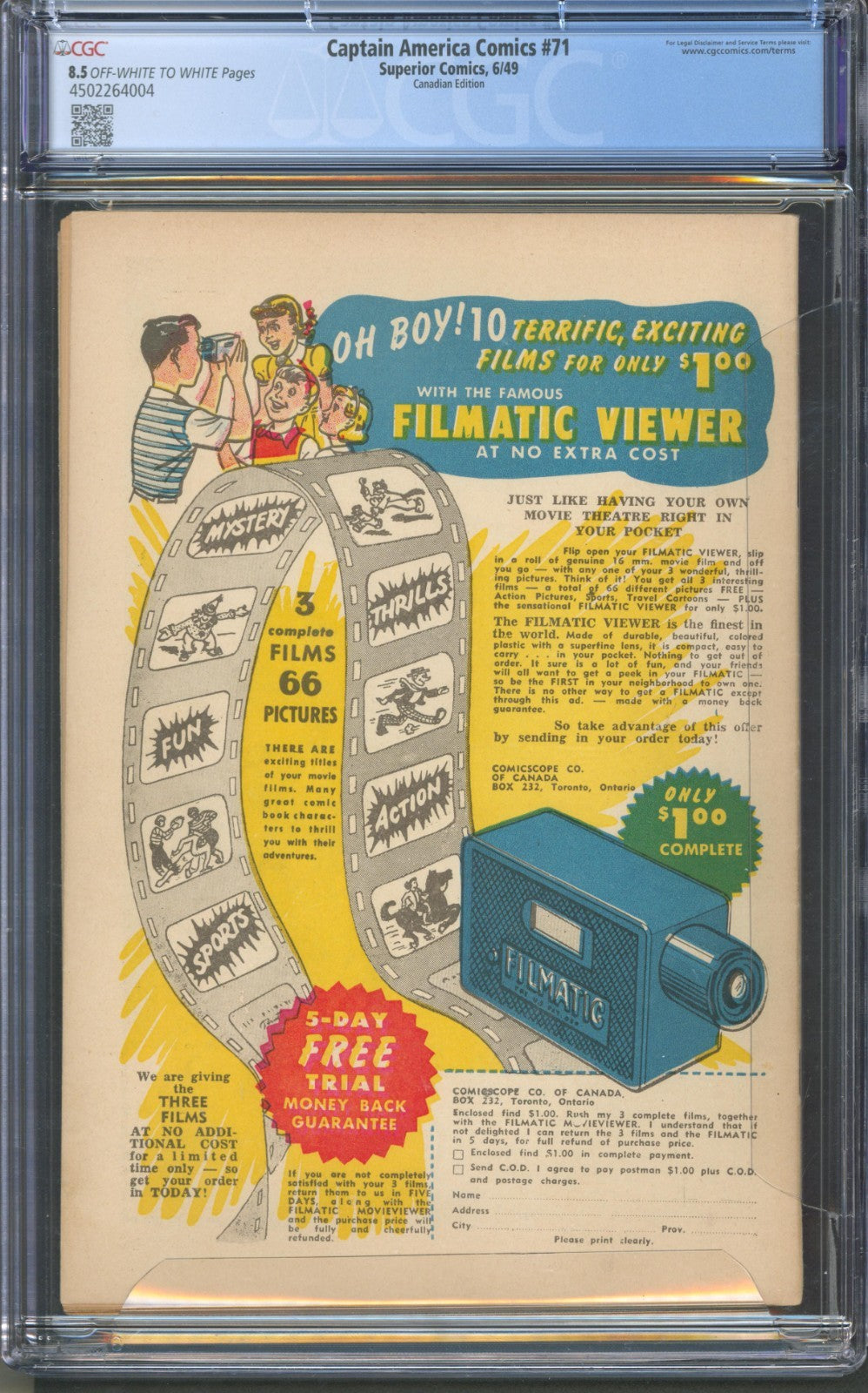 Captain America Comics #71 CGC 8.5 Superior 1949 Canadian 1st App of Trickster