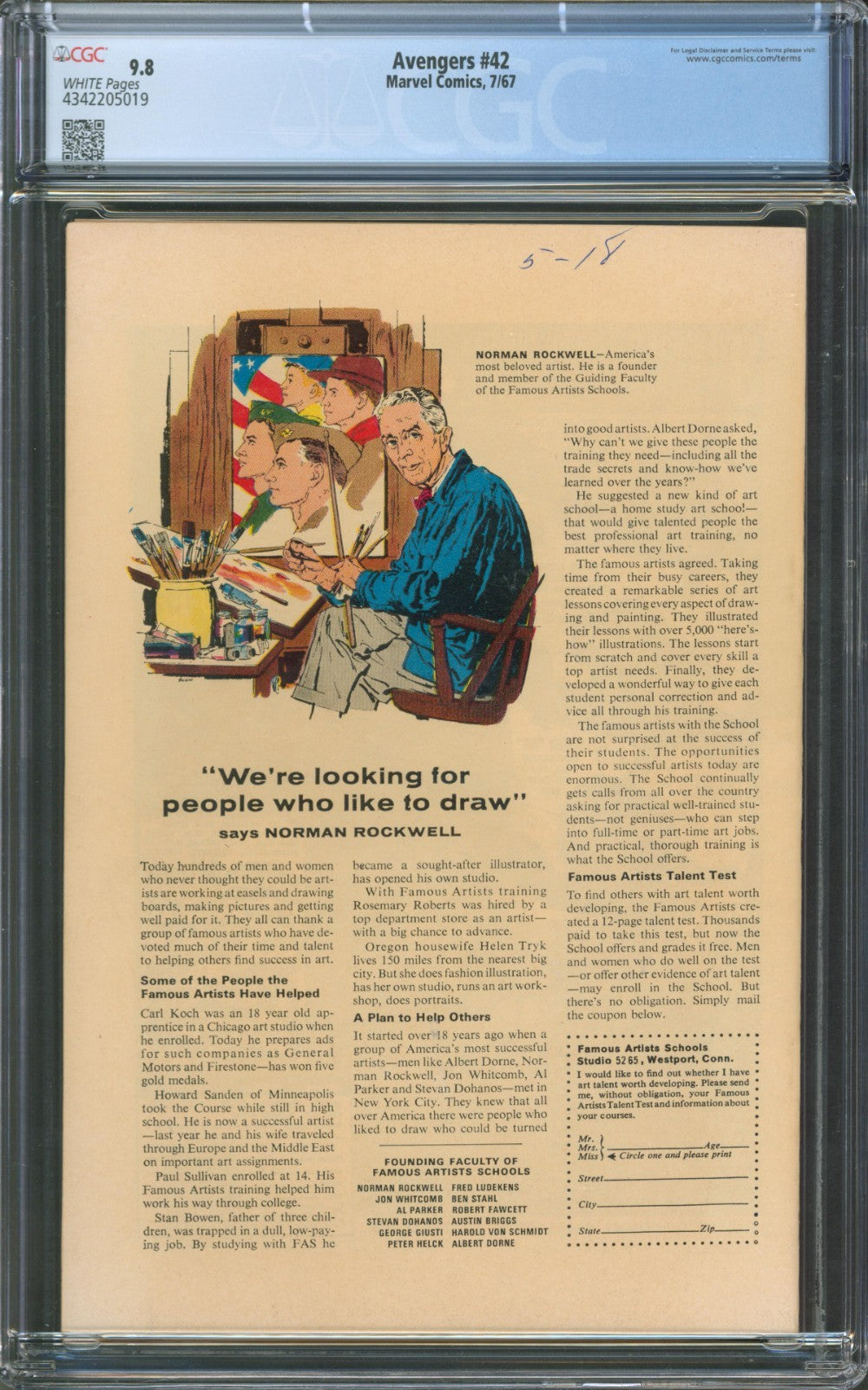 Avengers #42 CGC 9.8 Marvel Comics 1967 White Pages Thing & Reed Richards Cameo