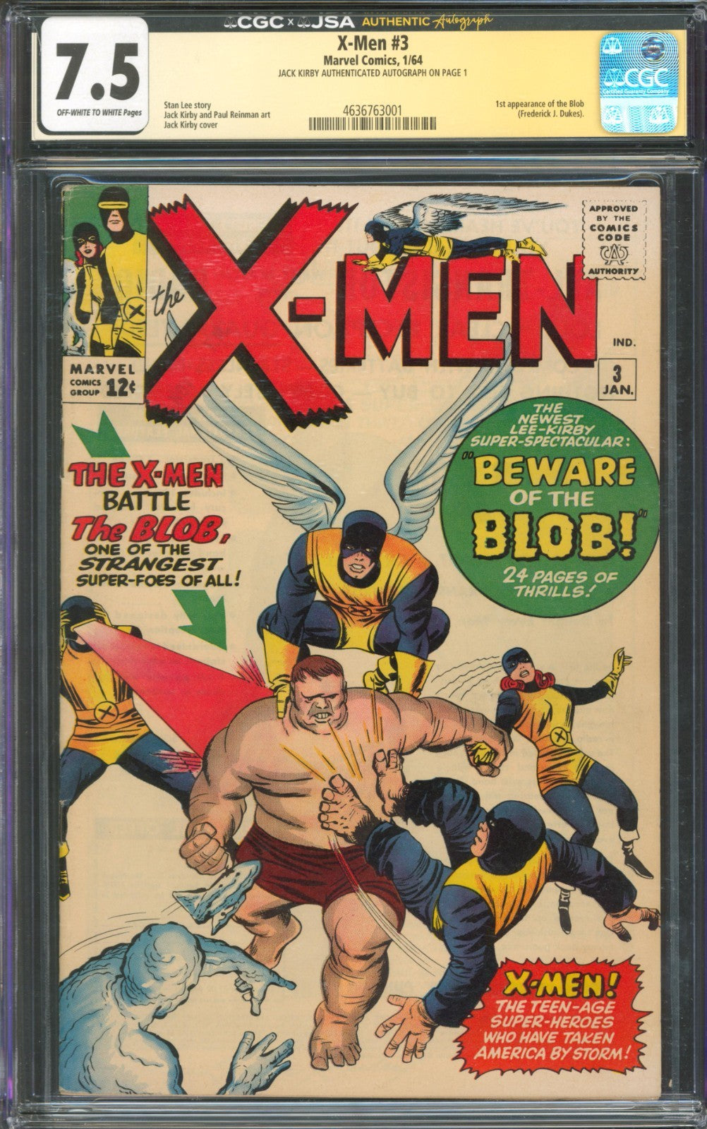 X-Men #3 CGC 7.5 Marvel Comics 1964 Signed by Jack Kirby 1st App of the Blob