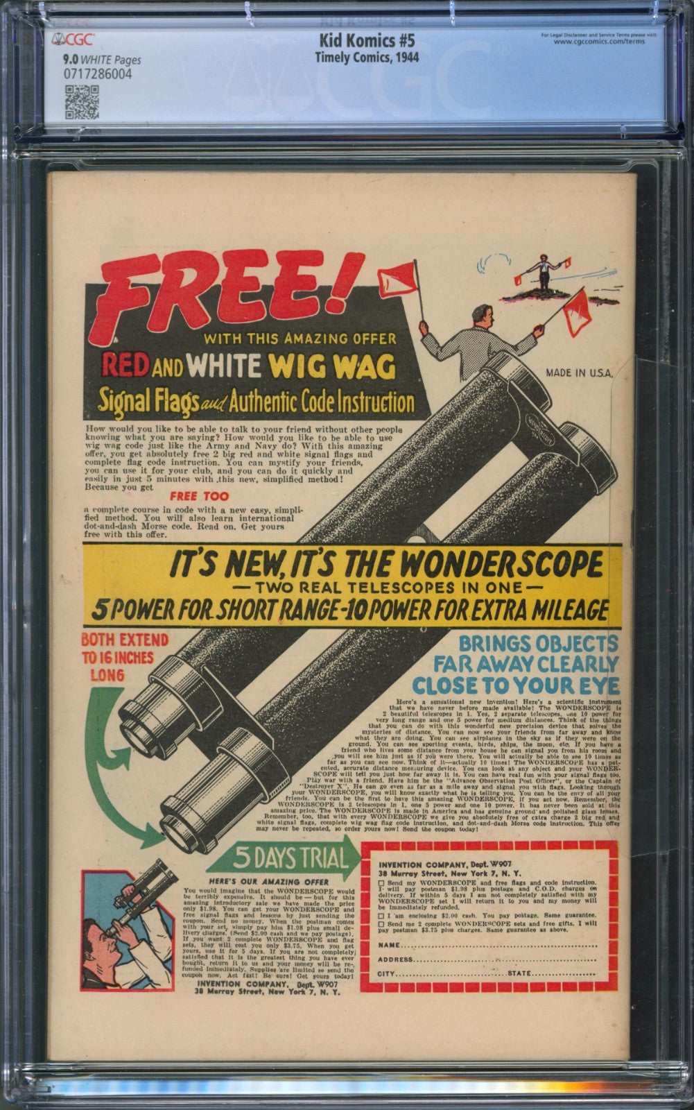 Kid Komics #5 CGC 9.0 Timely Comics 1944 White Pages Destroyer Story Hitler App