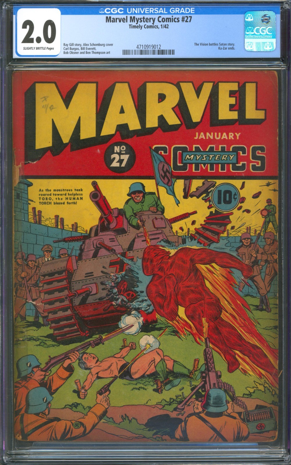 Marvel Mystery Comics #27 CGC 2.0 Timely 1942 Alex Schomburg World War 2 Cover