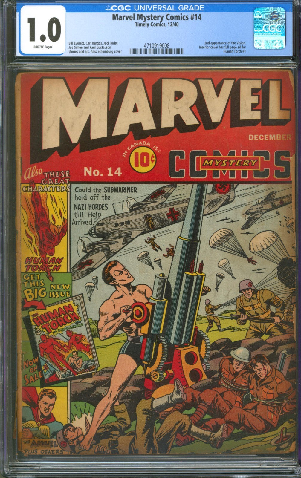 Marvel Mystery Comics #14 CGC 1.0 Timely 1940 2nd Appearance of the Vision