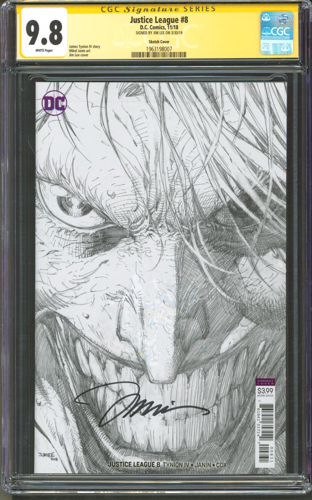 Justice League #8 CGC 9.8 D.C. Comics 2018 Sketch Cover Signed by Jim Lee