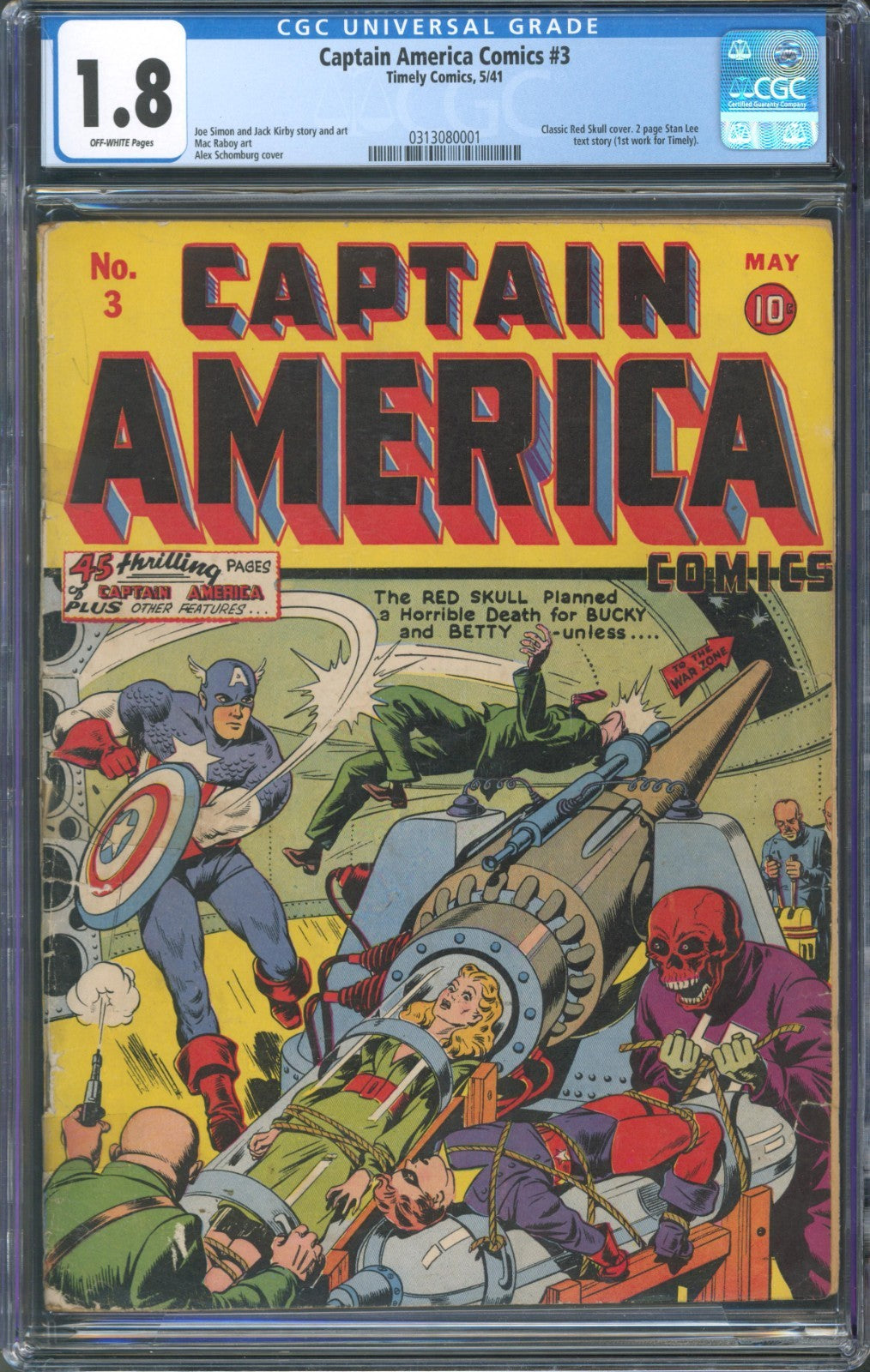 Captain America Comics #3 CGC 1.8 Timely 1941 Red Skull Cover 1st Stan Lee Work