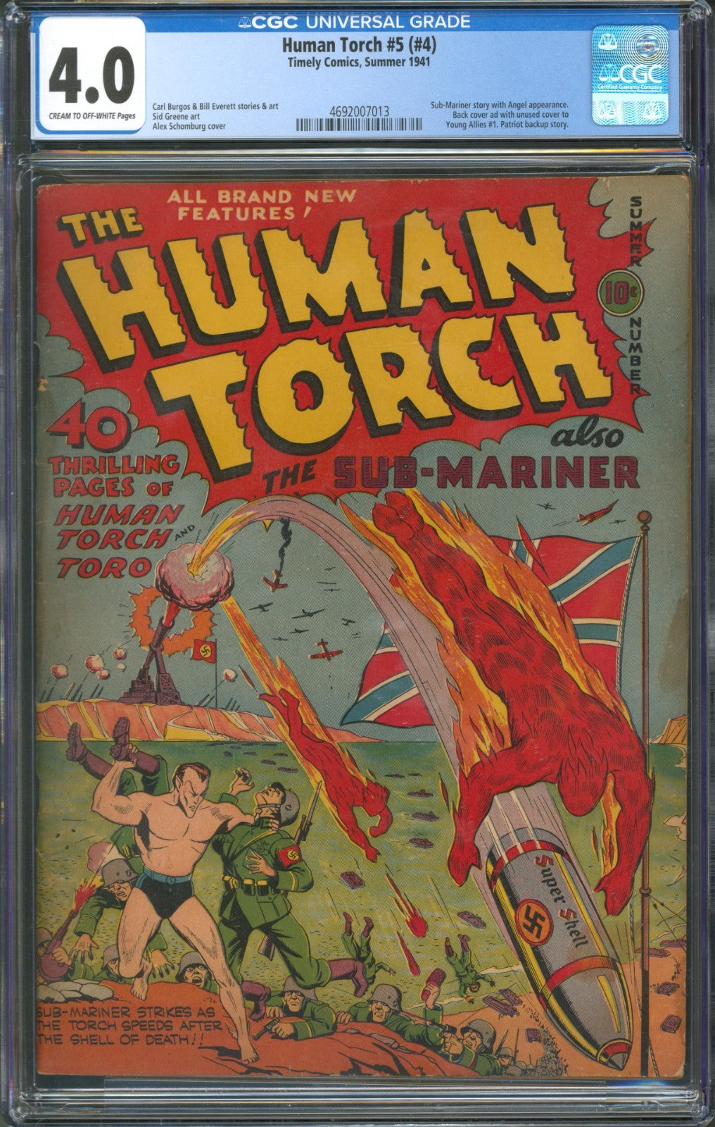 Human Torch #5 (#4) CGC 4.0 Timely Comics 1941 Alex Schomburg Sub-Mariner Cover