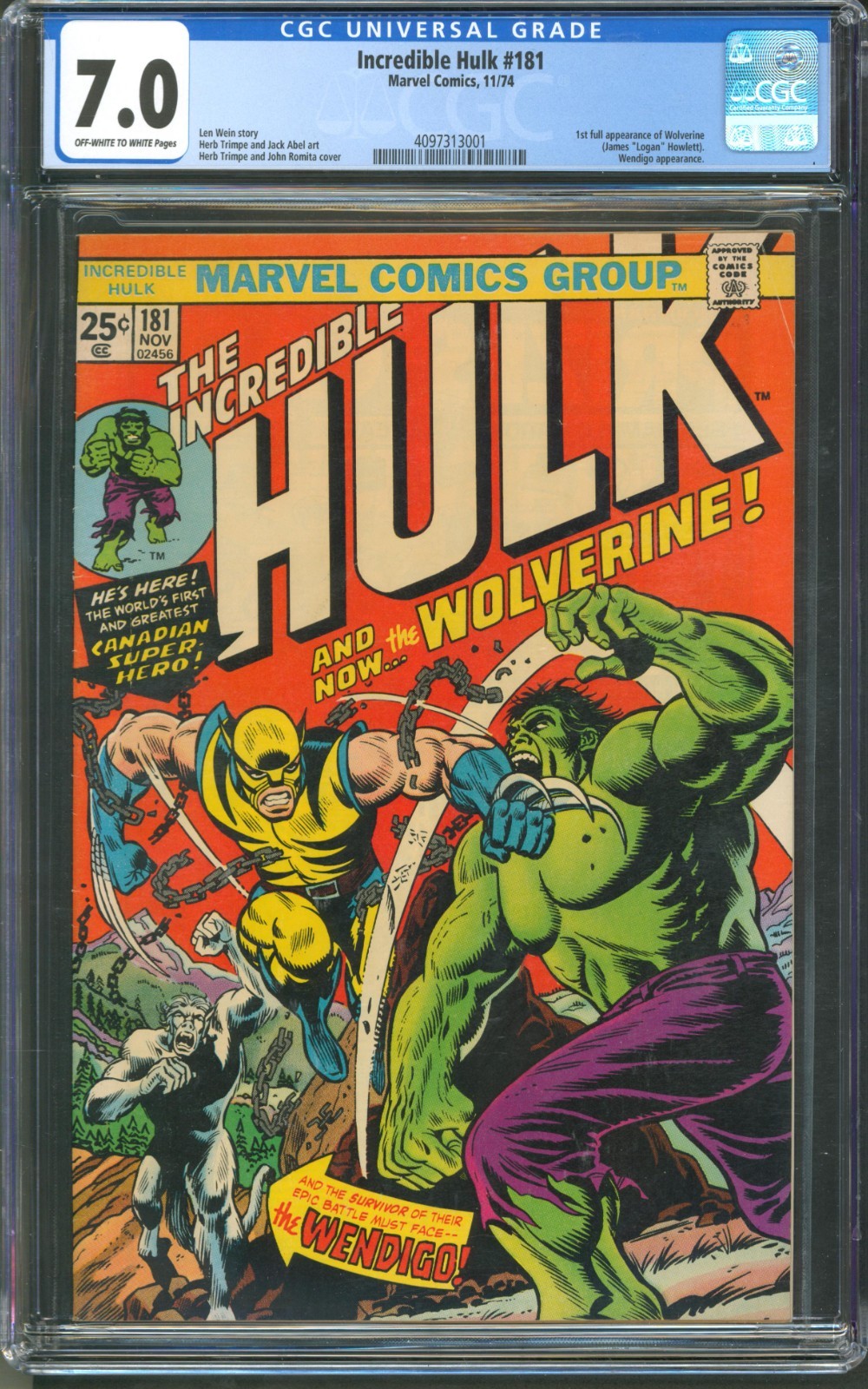 Incredible Hulk #181 CGC 7.0 Marvel Comics 1974 1st Appearance of Wolverine
