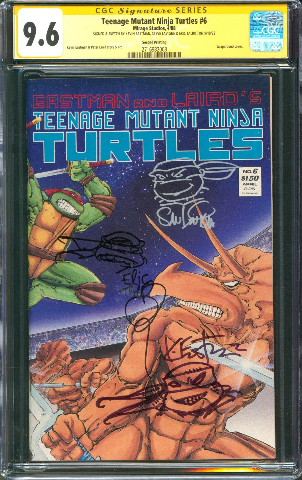 Teenage Mutant Ninja Turtles #6 CGC 9.6 Mirage 1988 2nd Print Signed & Sketched