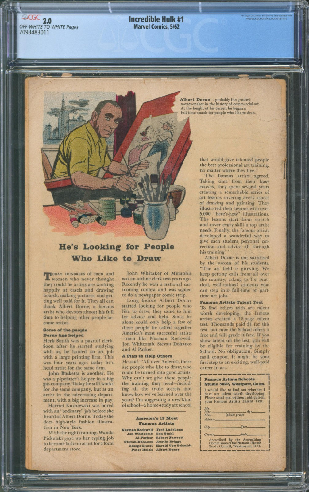 Incredible Hulk #1 CGC 2.0 Marvel Comics 1962 1st Appearance of Bruce Banner