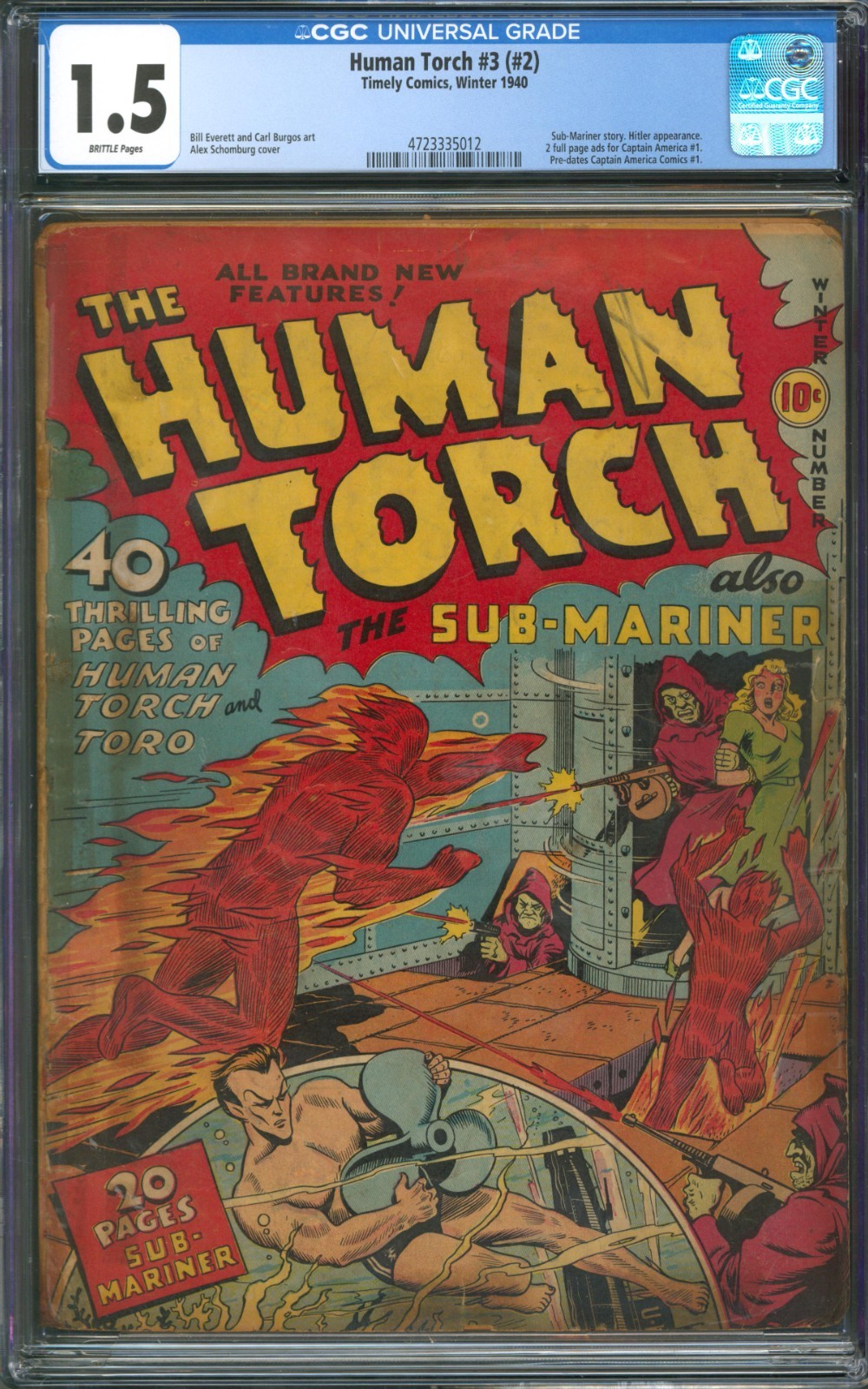 Human Torch #3 (#2) CGC 1.5 Timely Comics 1940 2 Ads for Captain America #1