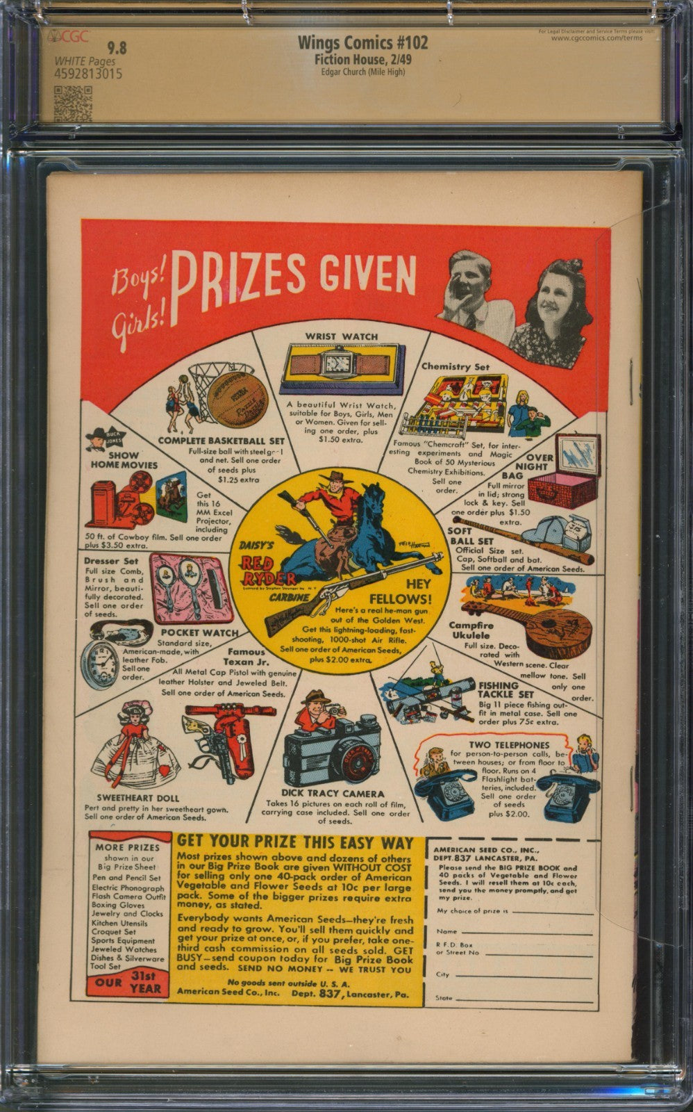 Wings Comics #102 CGC 9.8 Fiction House 1949 WP Edgar Church Mile High Pedigree
