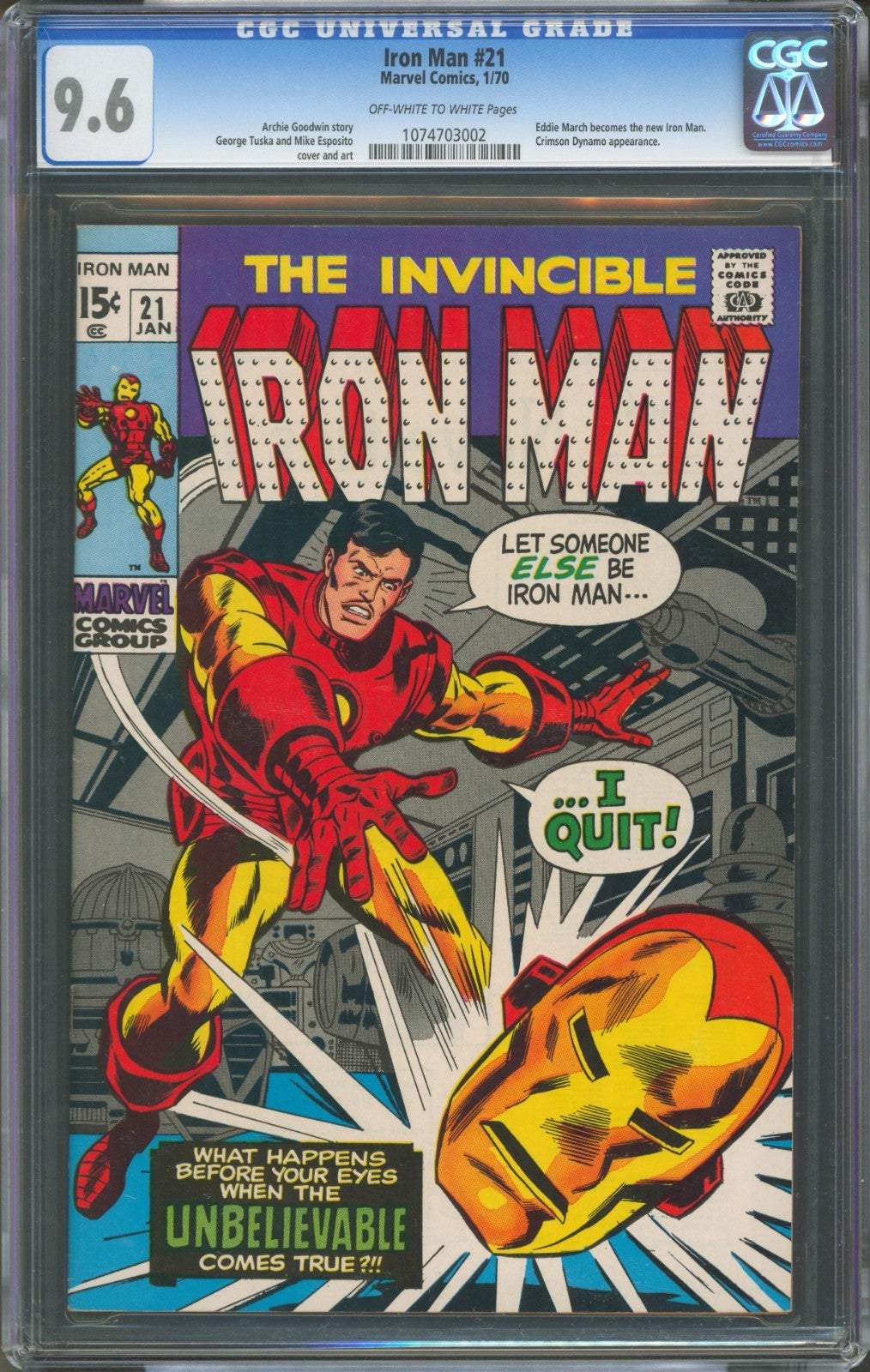 Iron Man #21 CGC 9.6 Marvel Comics 1970 Eddie March Becomes New Iron Man