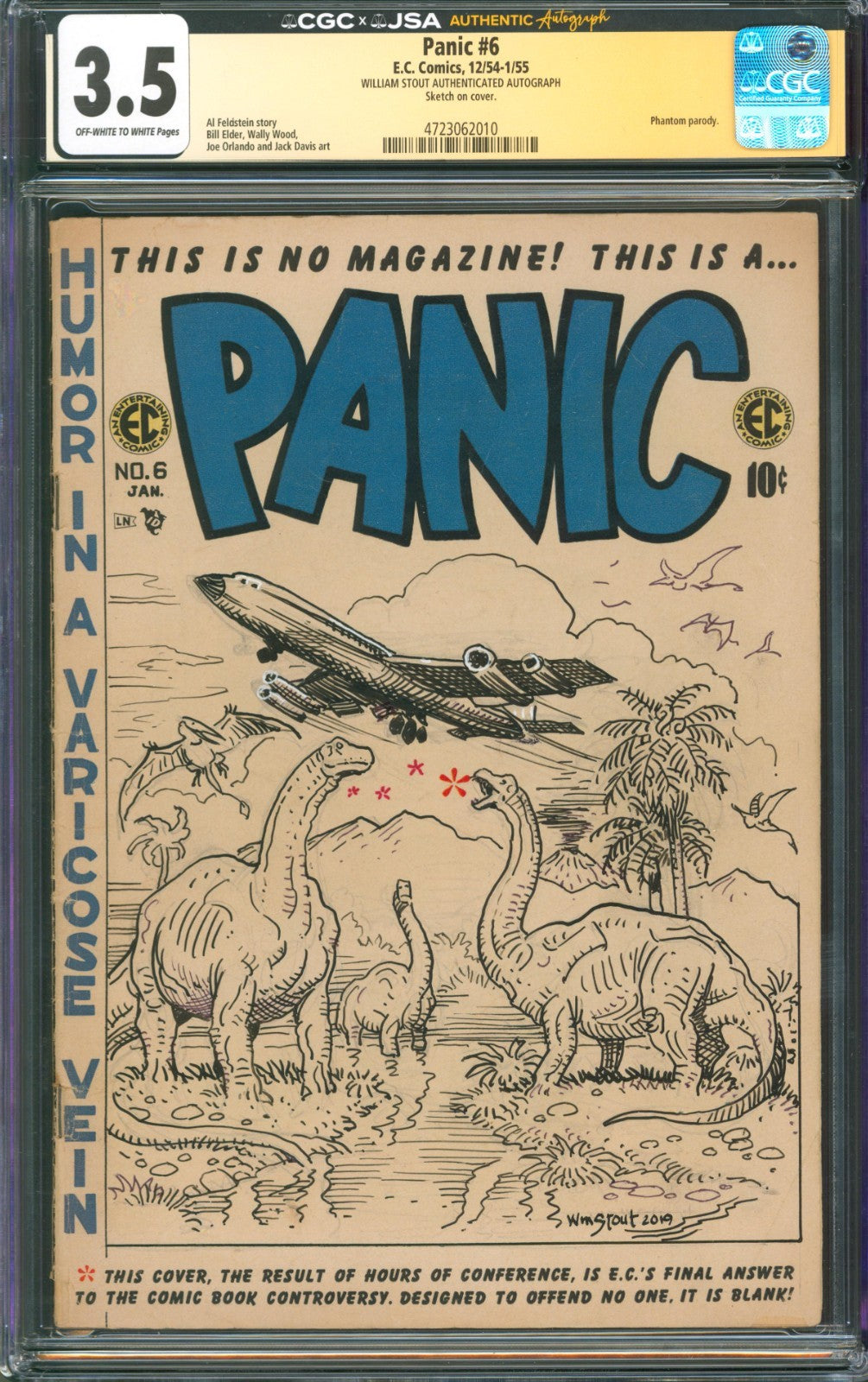 Panic #6 CGC 3.5 E.C. Comics 1954 Signed by William Stout w/ Dinosaur Sketch