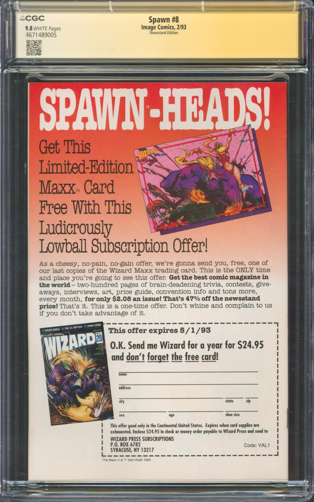 Spawn #8 CGC 9.8 Image Comics 1993 Newsstand Signed by Todd Mcfarlane