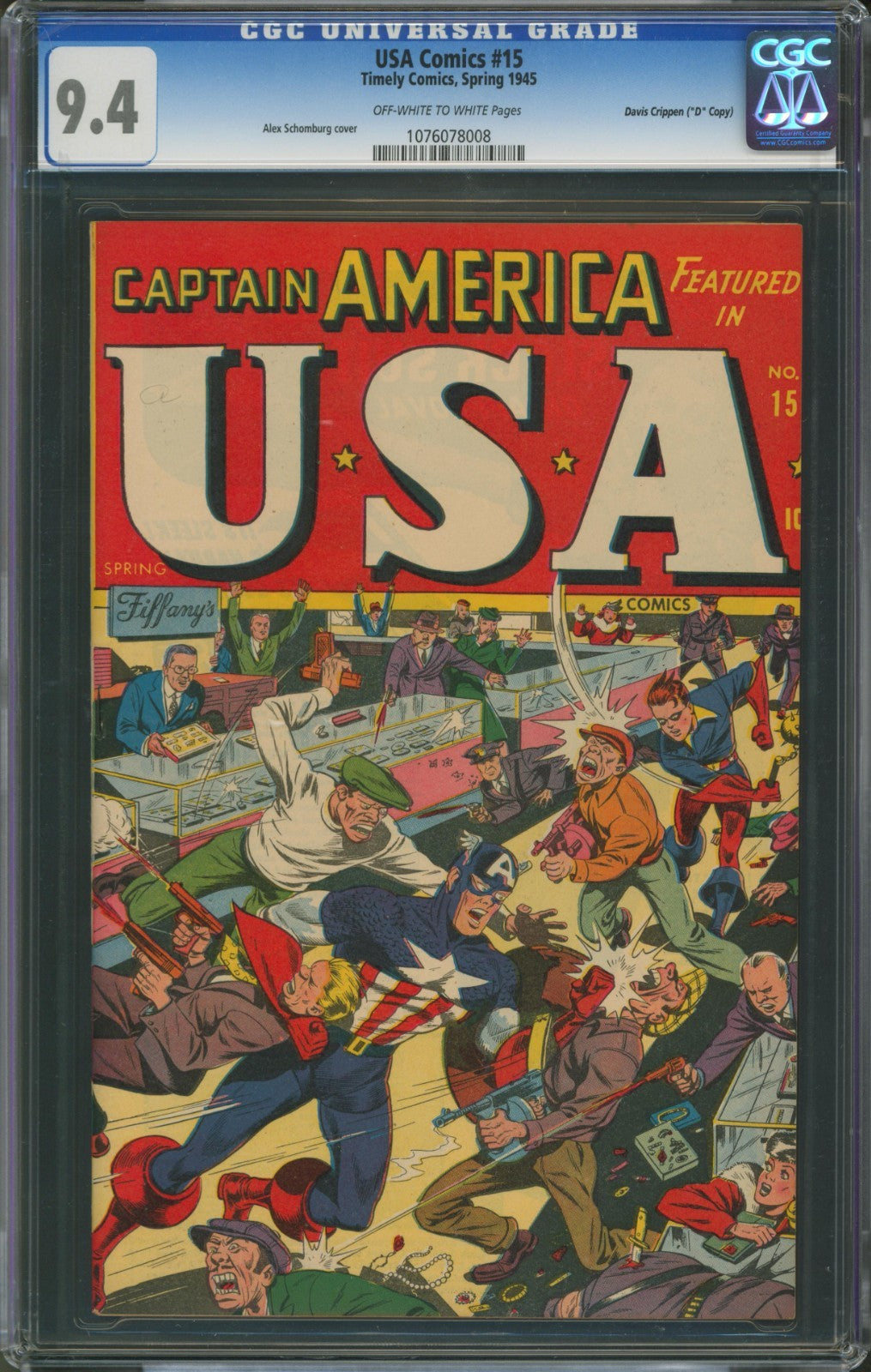 USA Comics #15 CGC 9.4 Timely 1945 Davis Crippen "D" Copy Pedigree Schomburg