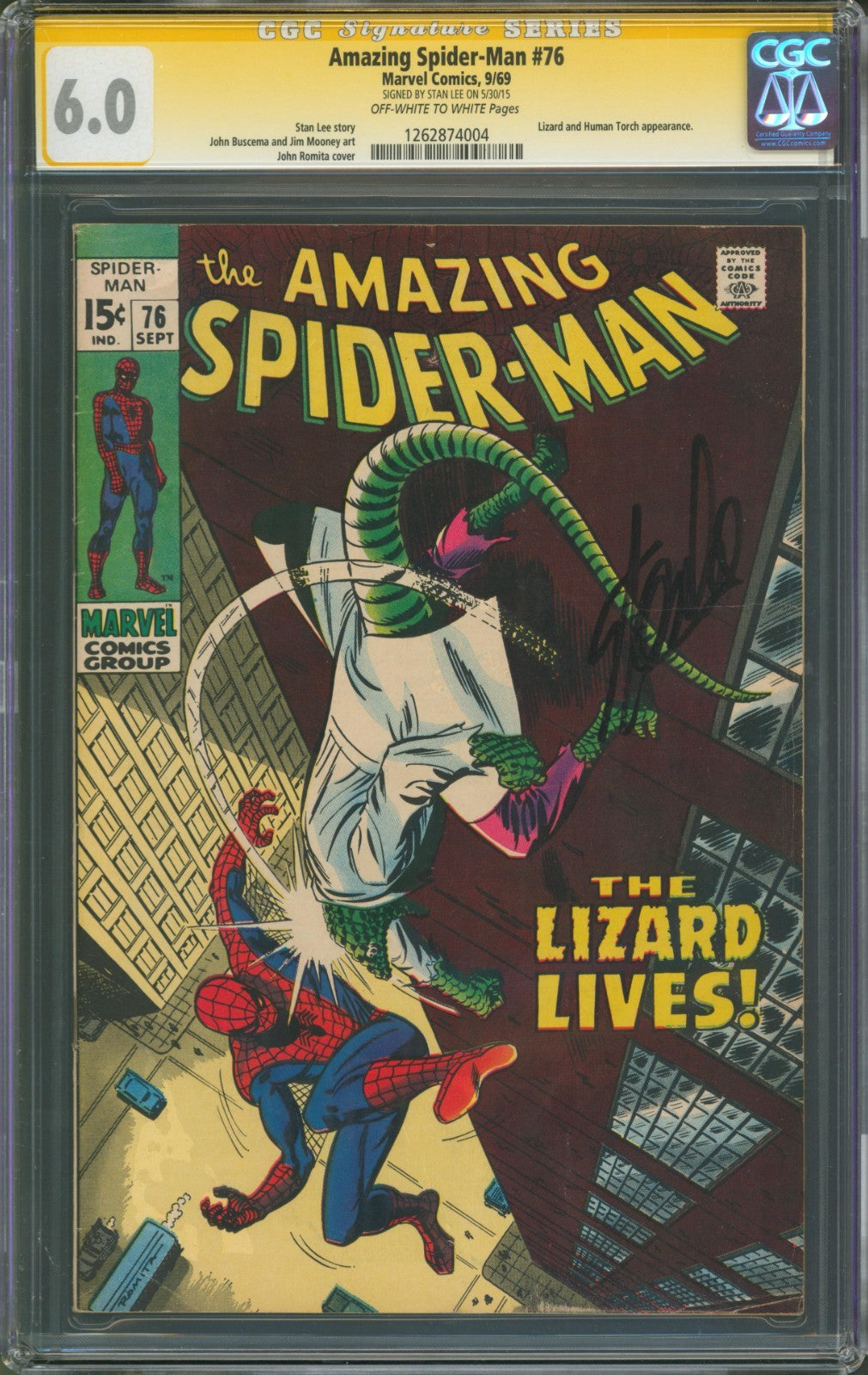 Amazing Spider-Man #76 CGC 6.0 Marvel Comics 1969 Stan Lee Signed Lizard Cover