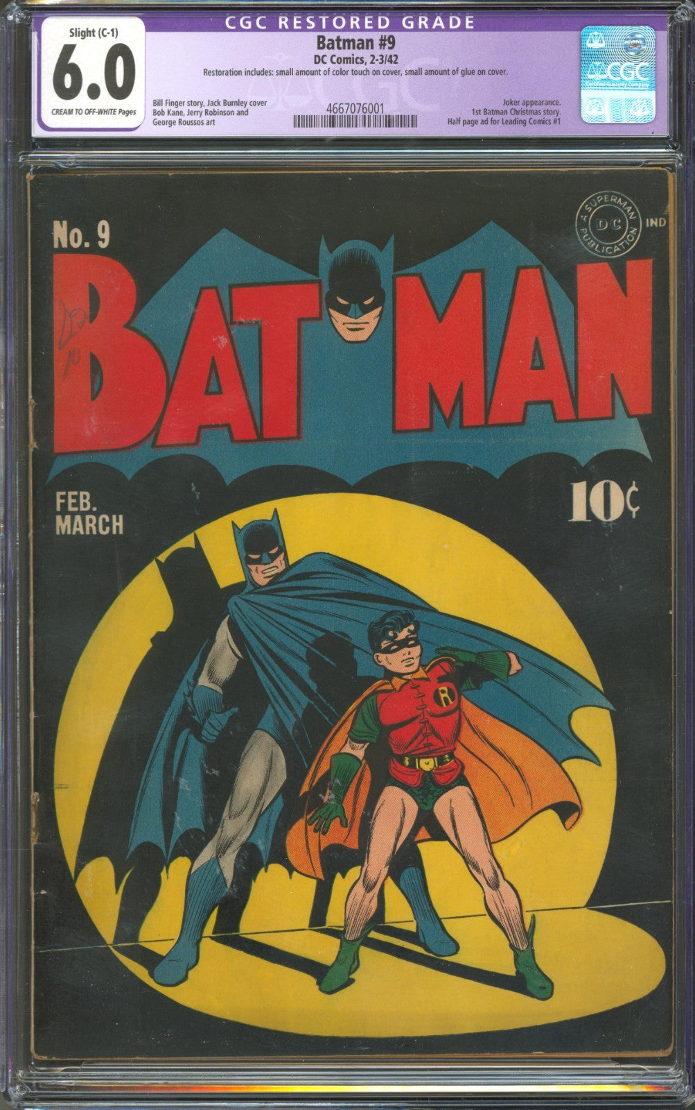 Batman #9 CGC 6.0 D.C. Comics 1942 Restored Joker Appearance 1st Christmas Story