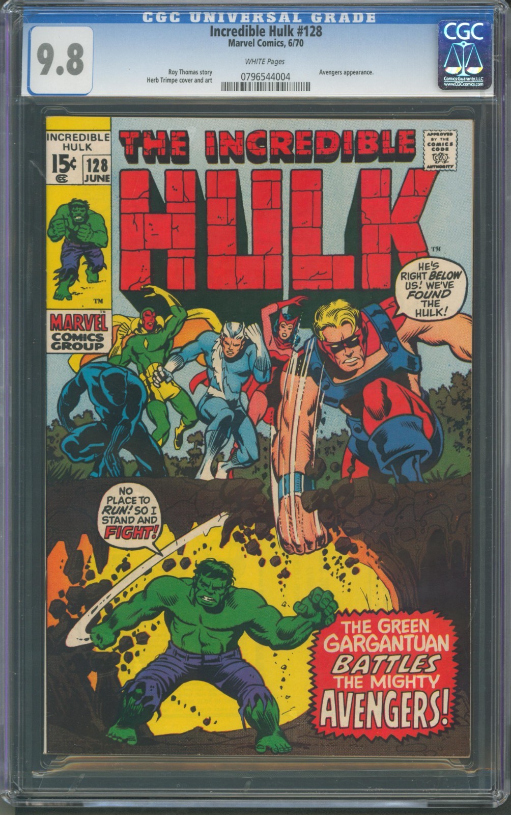 Incredible Hulk #128 CGC 9.8 Marvel Comics 1970 White Pages Avengers Appearance