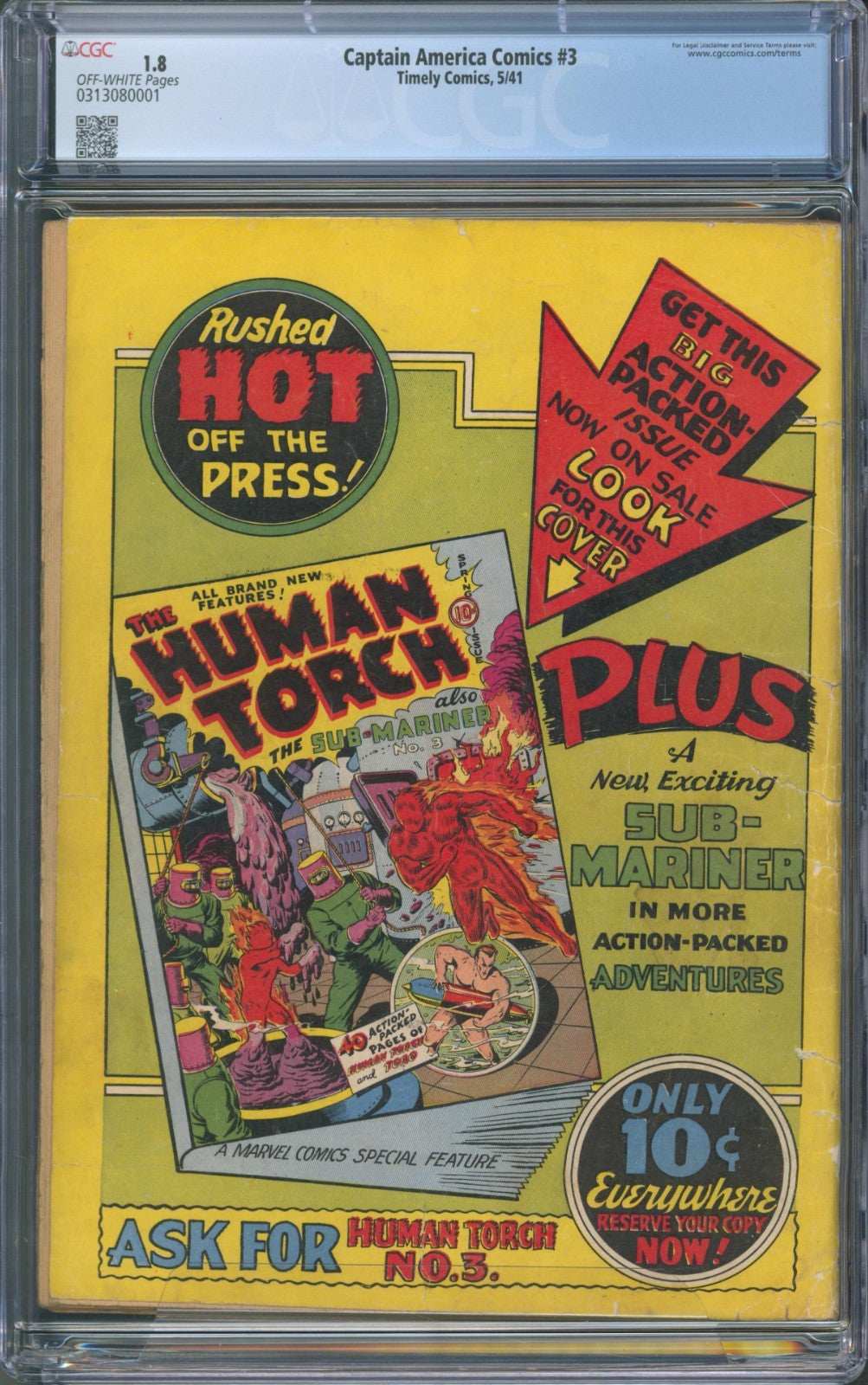Captain America Comics #3 CGC 1.8 Timely 1941 Red Skull Cover 1st Stan Lee Work