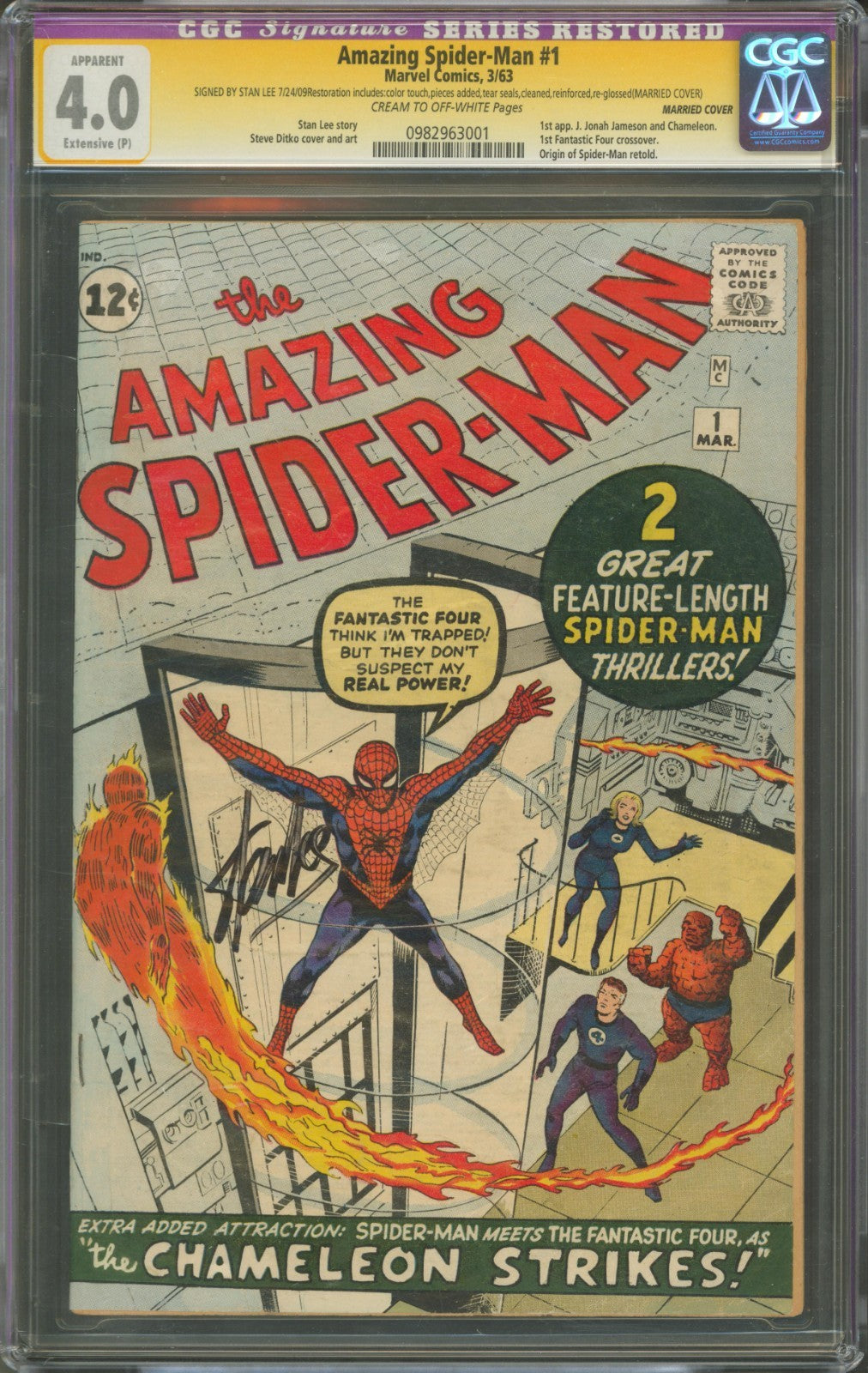 Amazing Spider-Man #1 CGC 4.0 Marvel Comics 1963 Restored Signed by Stan Lee