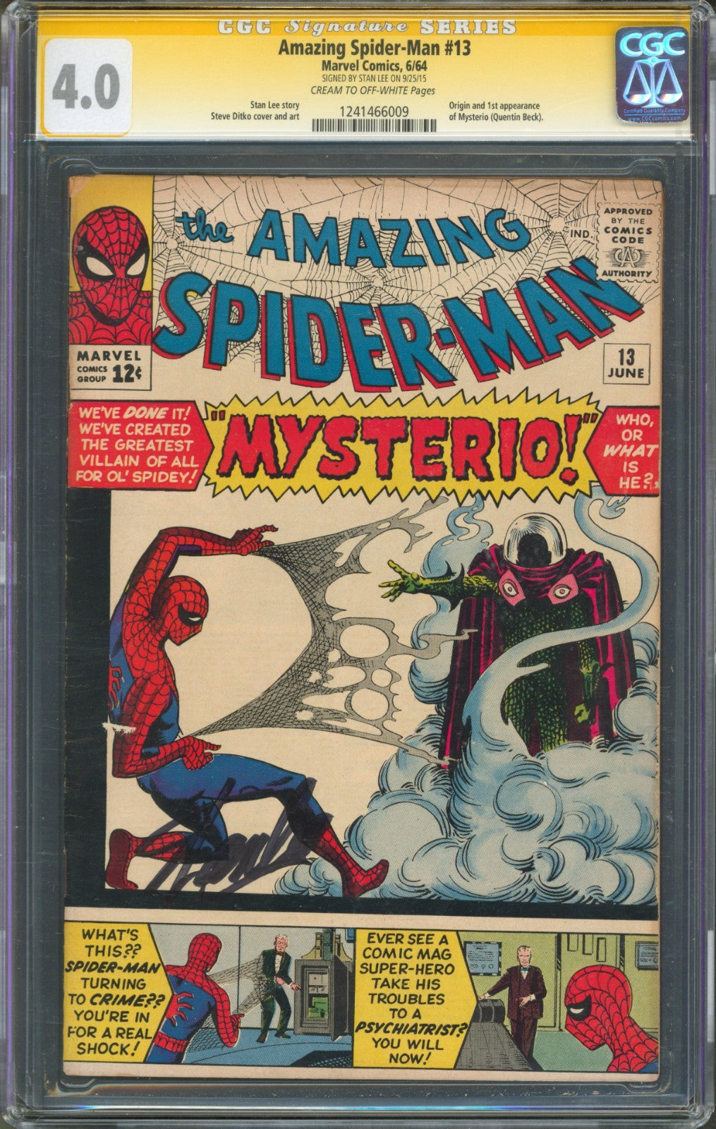 Amazing Spider-Man #13 CGC 4.0 Marvel Comics 1964 1st Mysterio Stan Lee Signed