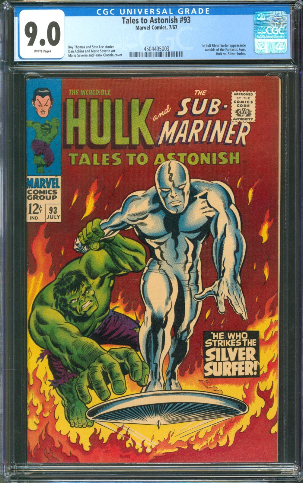 Tales to Astonish #93 CGC 9.0 Marvel 1967 White Pages Hulk vs. Silver Surfer