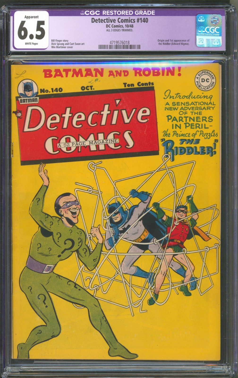 Detective Comics #140 CGC 6.5 D.C. 1948 Restored 1st Appearance of the Riddler