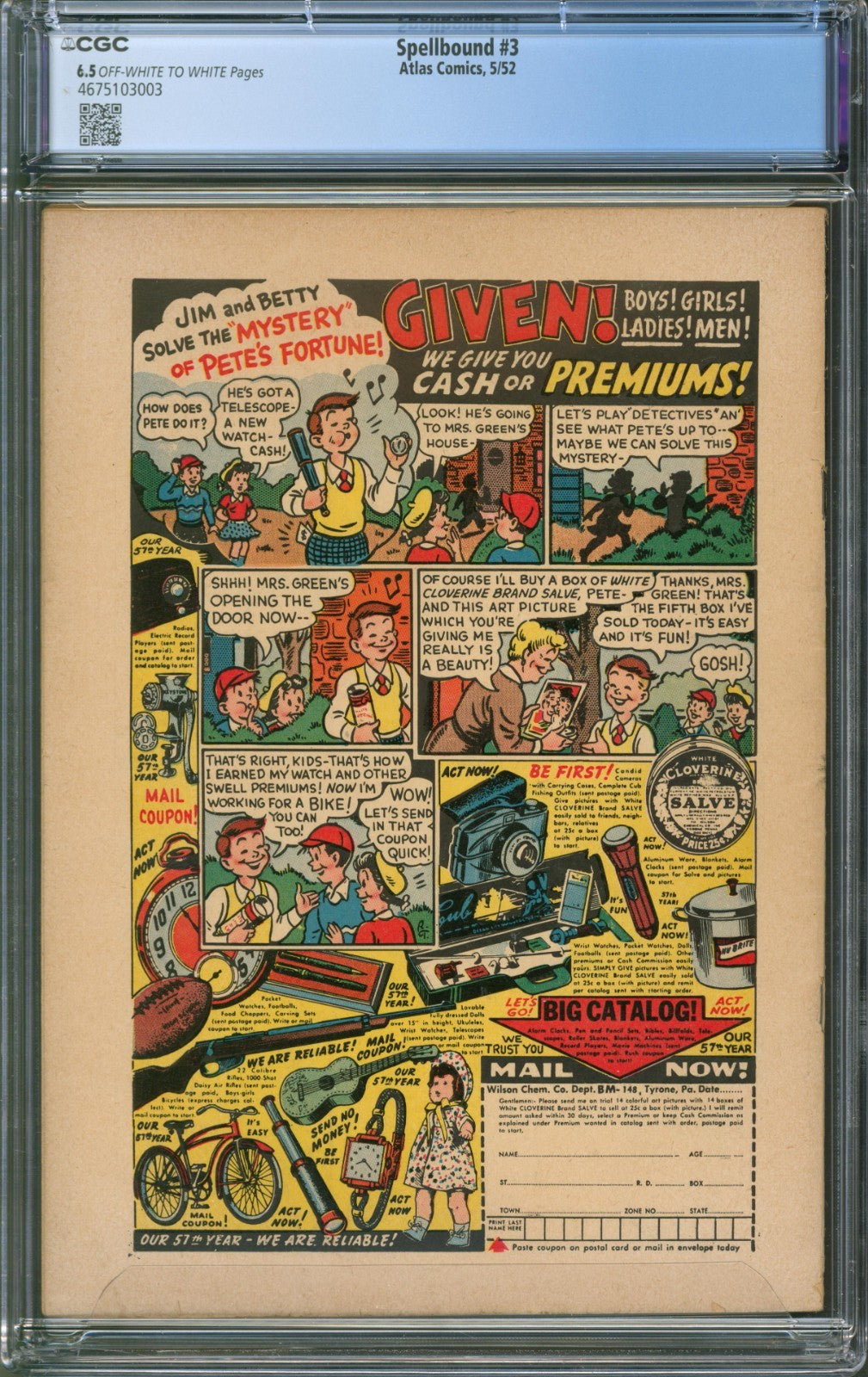 Spellbound #3 CGC 6.5 Atlas Comics 1952 Cannibalism Story Russ Heath Cover