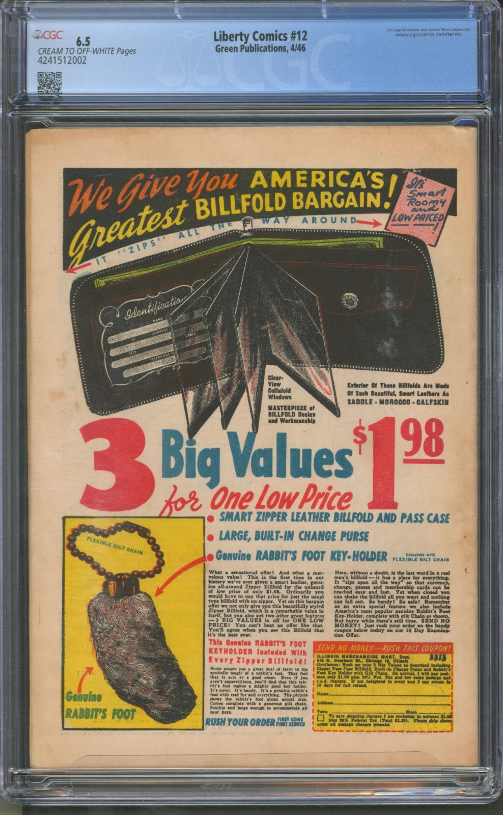 Liberty Comics #12 CGC 6.5 Green Publications 1946 Classic Skull Cover