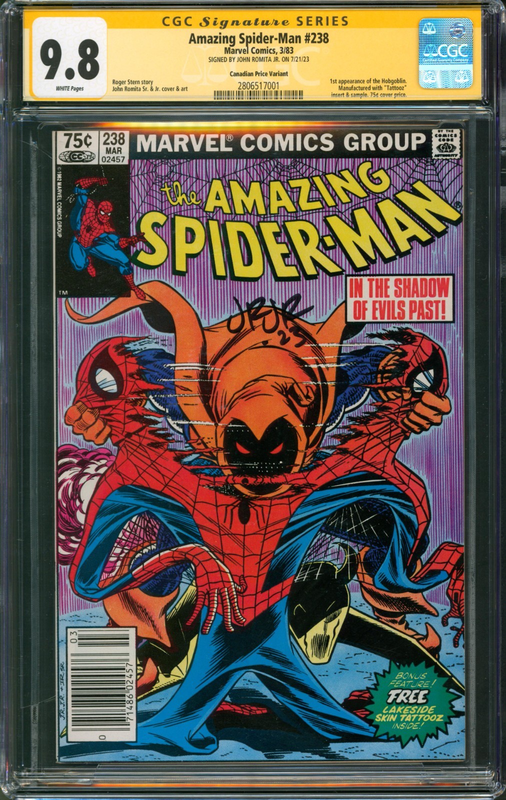 Amazing Spider-Man #238 CGC 9.8 Marvel 1983 Canadian Variant Romita Jr. Signed