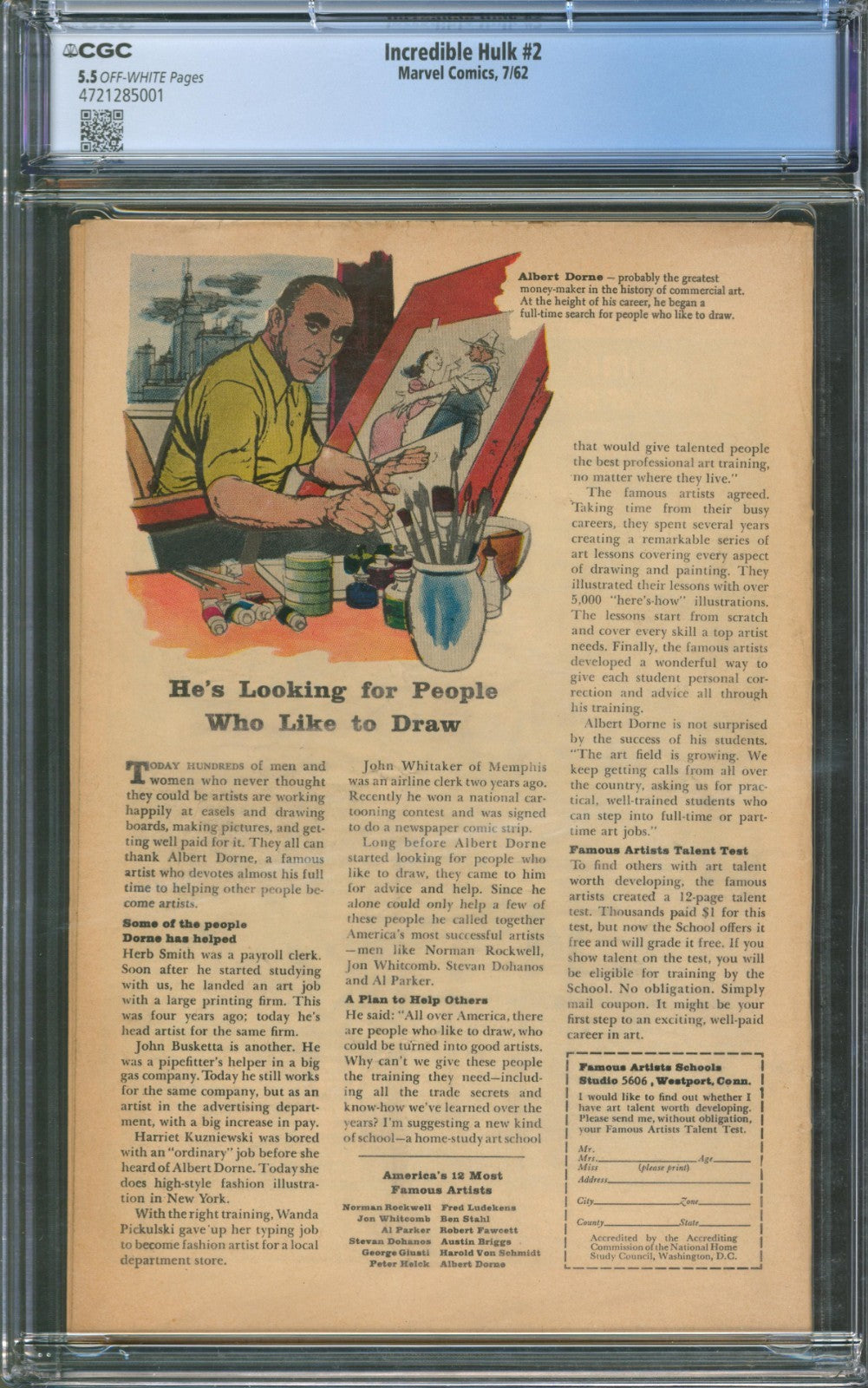 Incredible Hulk #2 CGC 5.5 Marvel Comics 1962 1st Appearance of Green Hulk