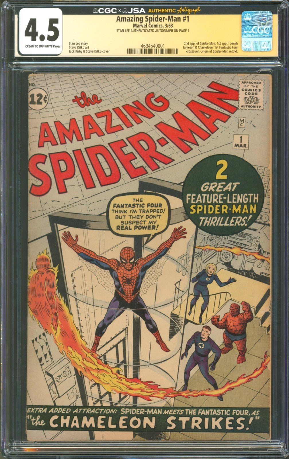 Amazing Spider-Man #1 CGC 4.5 Marvel 1963 Stan Lee Signed 1st J. Jonah Jameson