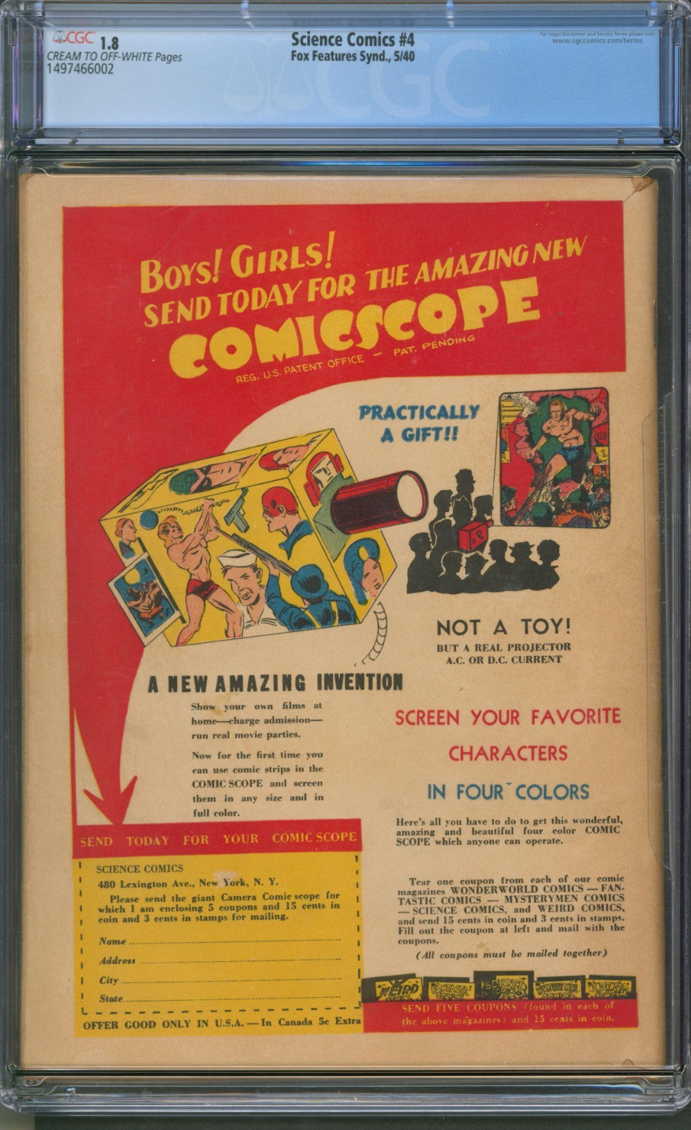 Science Comics #4 CGC 1.8 Fox Features Synd. 1940 Classic Joe Simon Cover