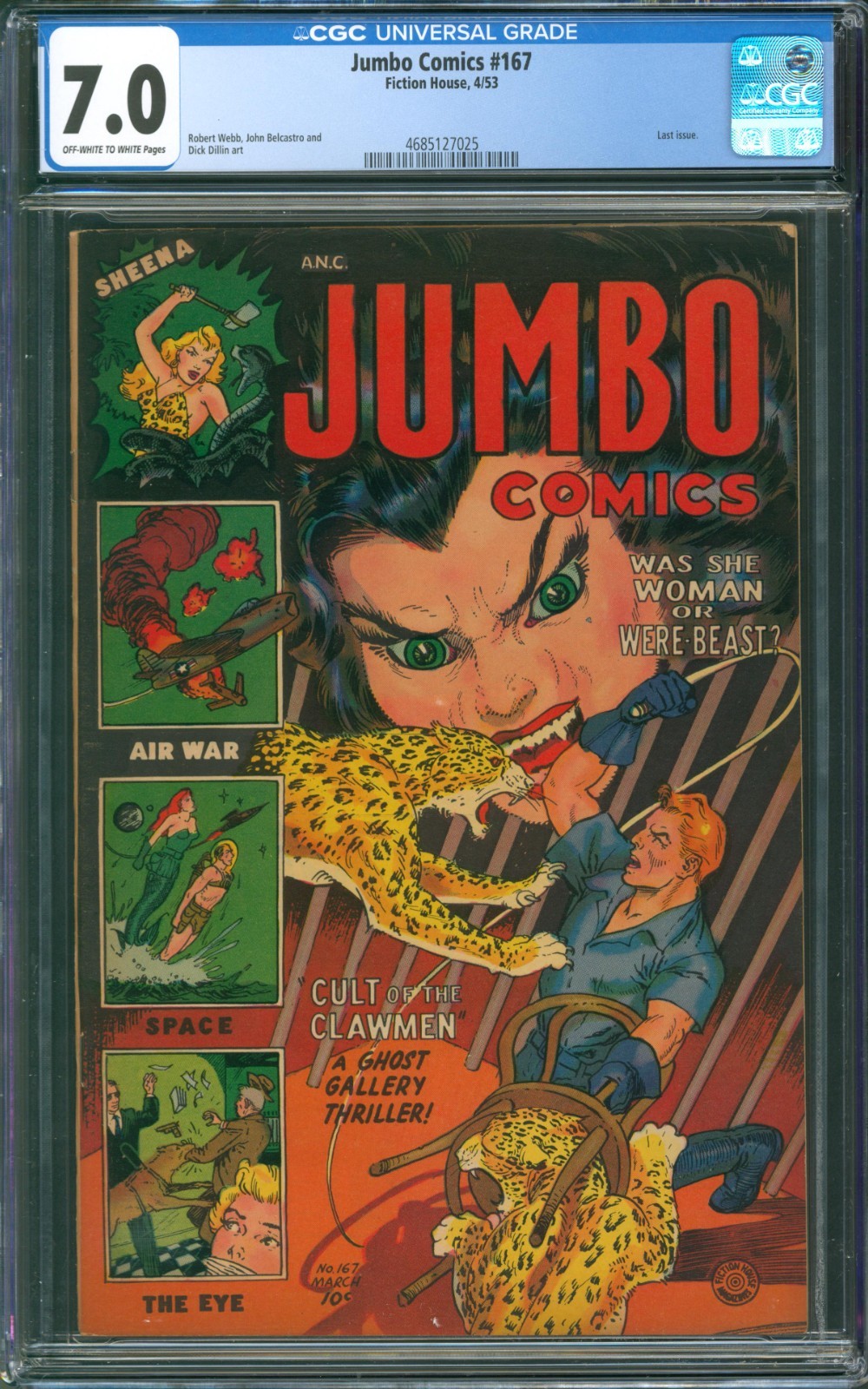 Jumbo Comics #167 CGC 7.0 Fiction House 1953 Last Issue Sheena