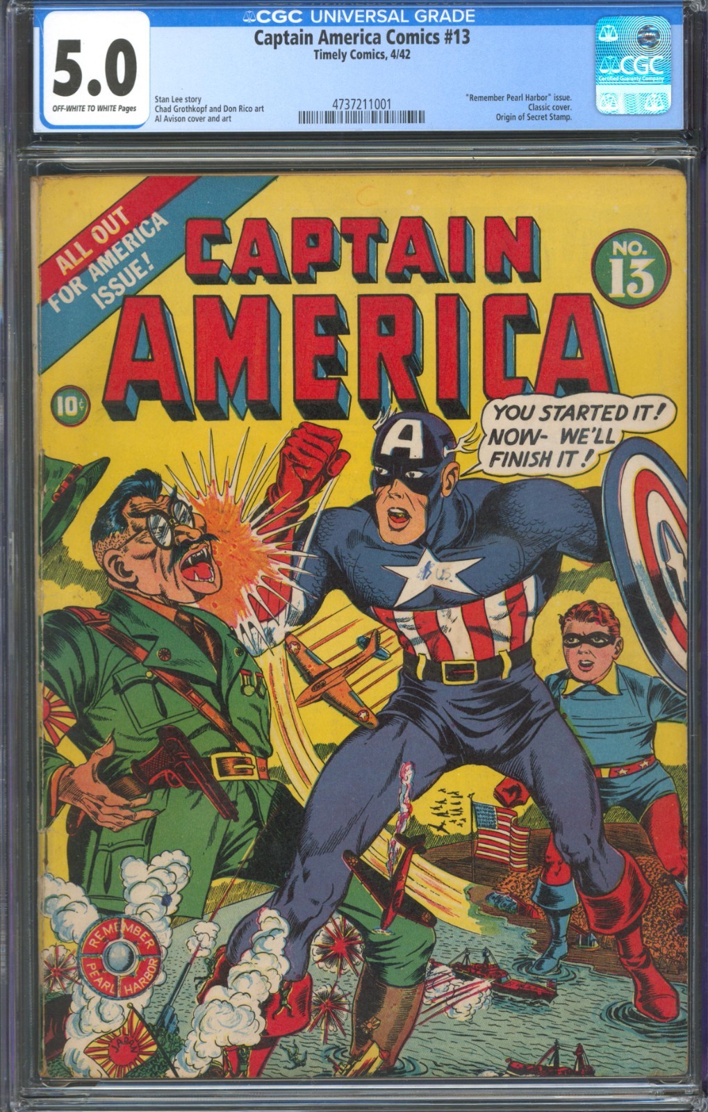 Captain America Comics #13 CGC 5.0 Timely 1942 Remember Pearl Harbor Cover