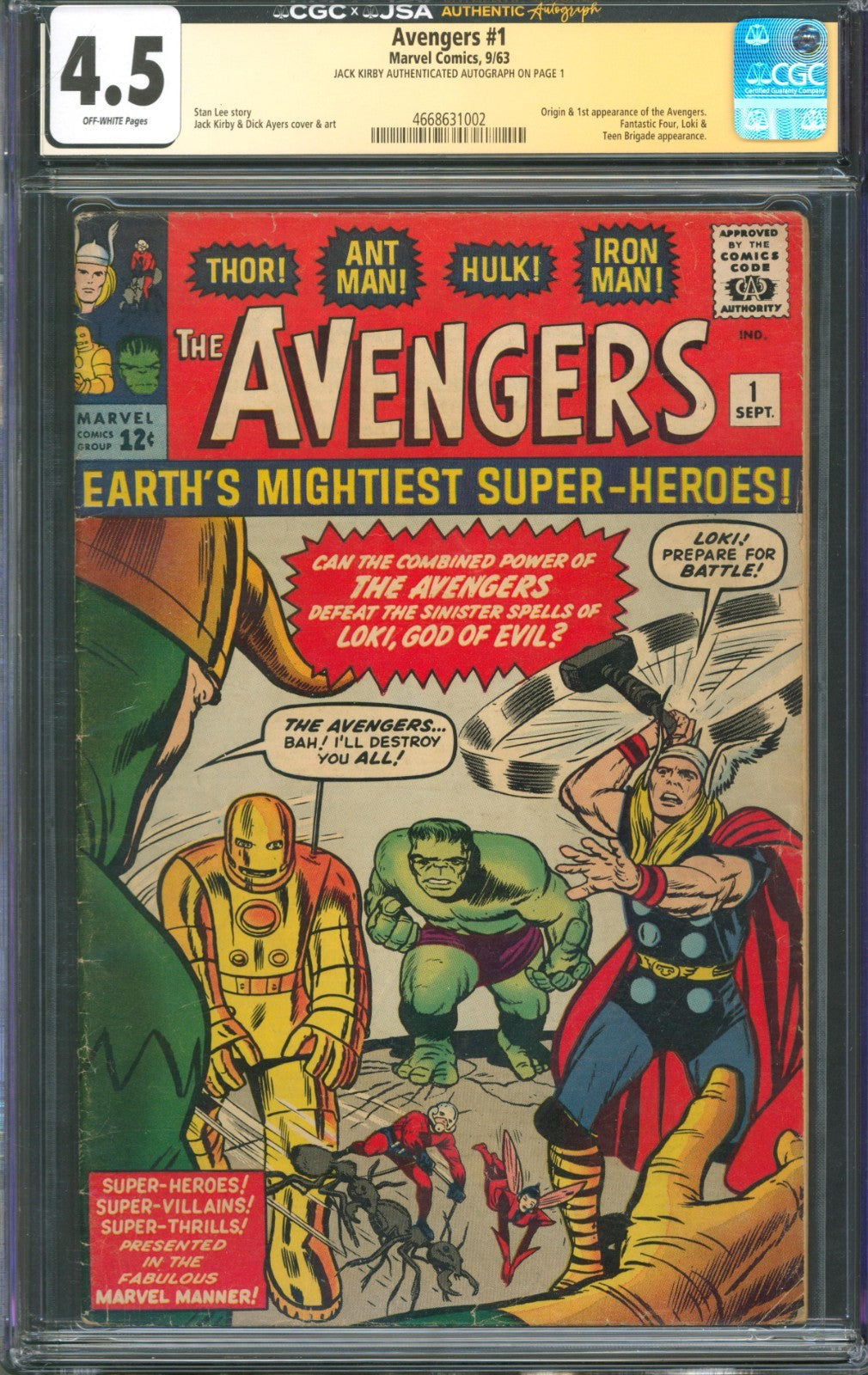 Avengers #1 CGC 4.5 Marvel Comics 1963 1st Avengers Signed by Jack Kirby