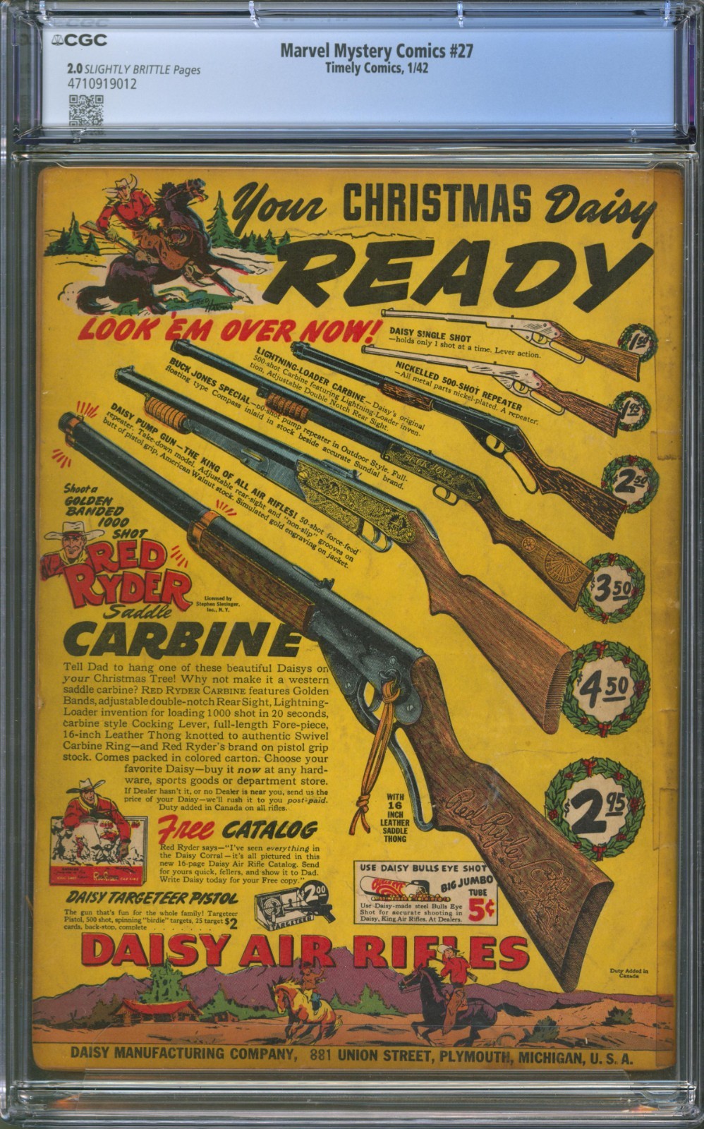 Marvel Mystery Comics #27 CGC 2.0 Timely 1942 Alex Schomburg World War 2 Cover