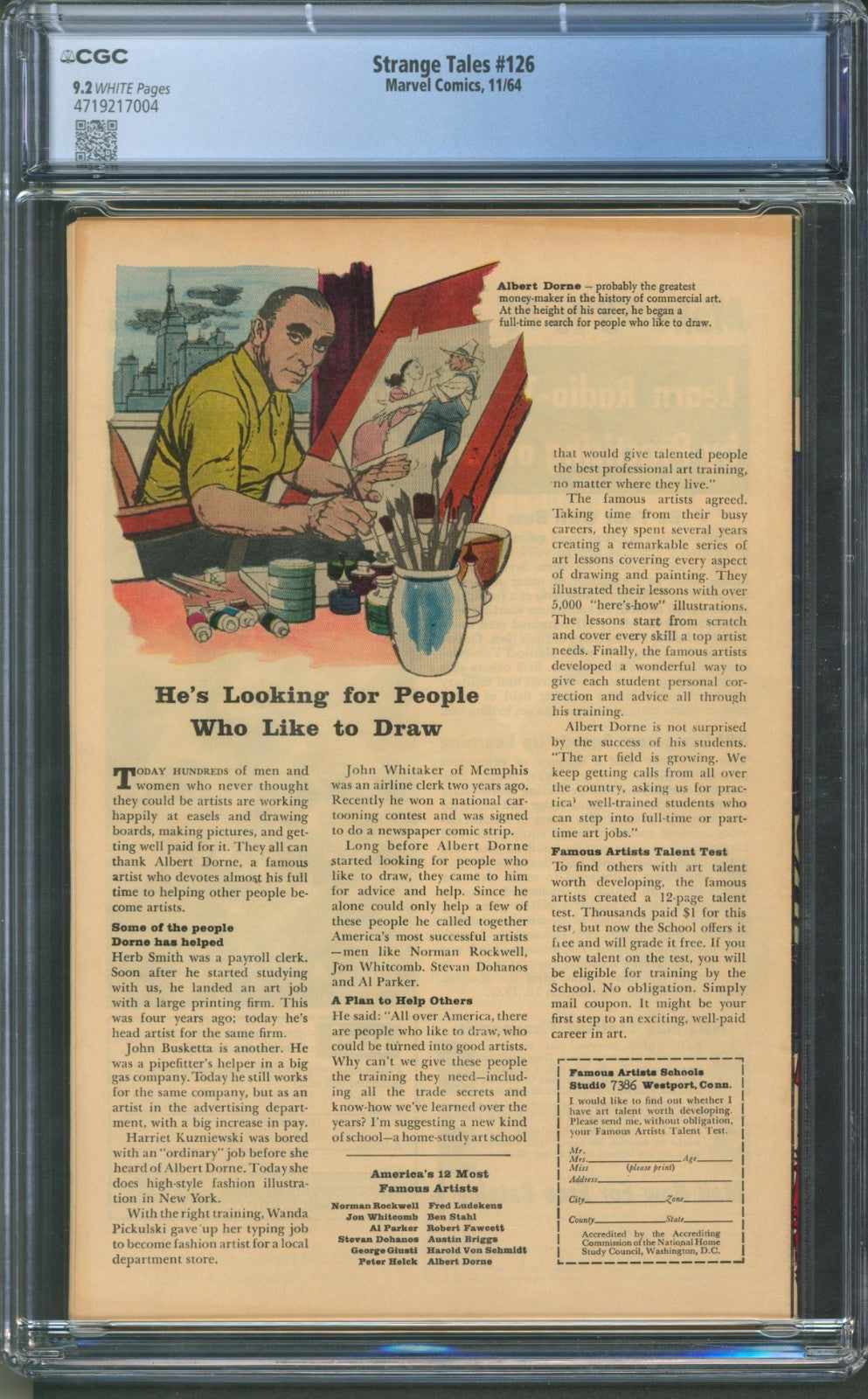 Strange Tales #126 CGC 9.2 Marvel Comics 1964 White Pages 1st App of Dormammu