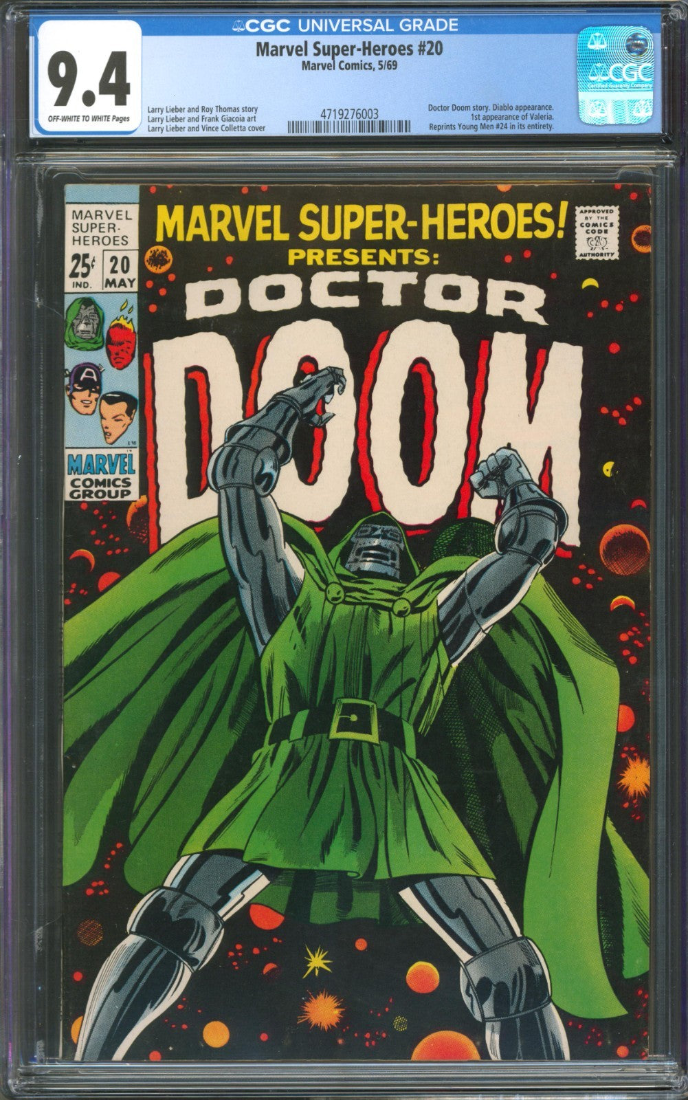 Marvel Super-Heroes #20 CGC 9.4 Marvel Comics 1969 Doctor Doom Cover 1st Valeria