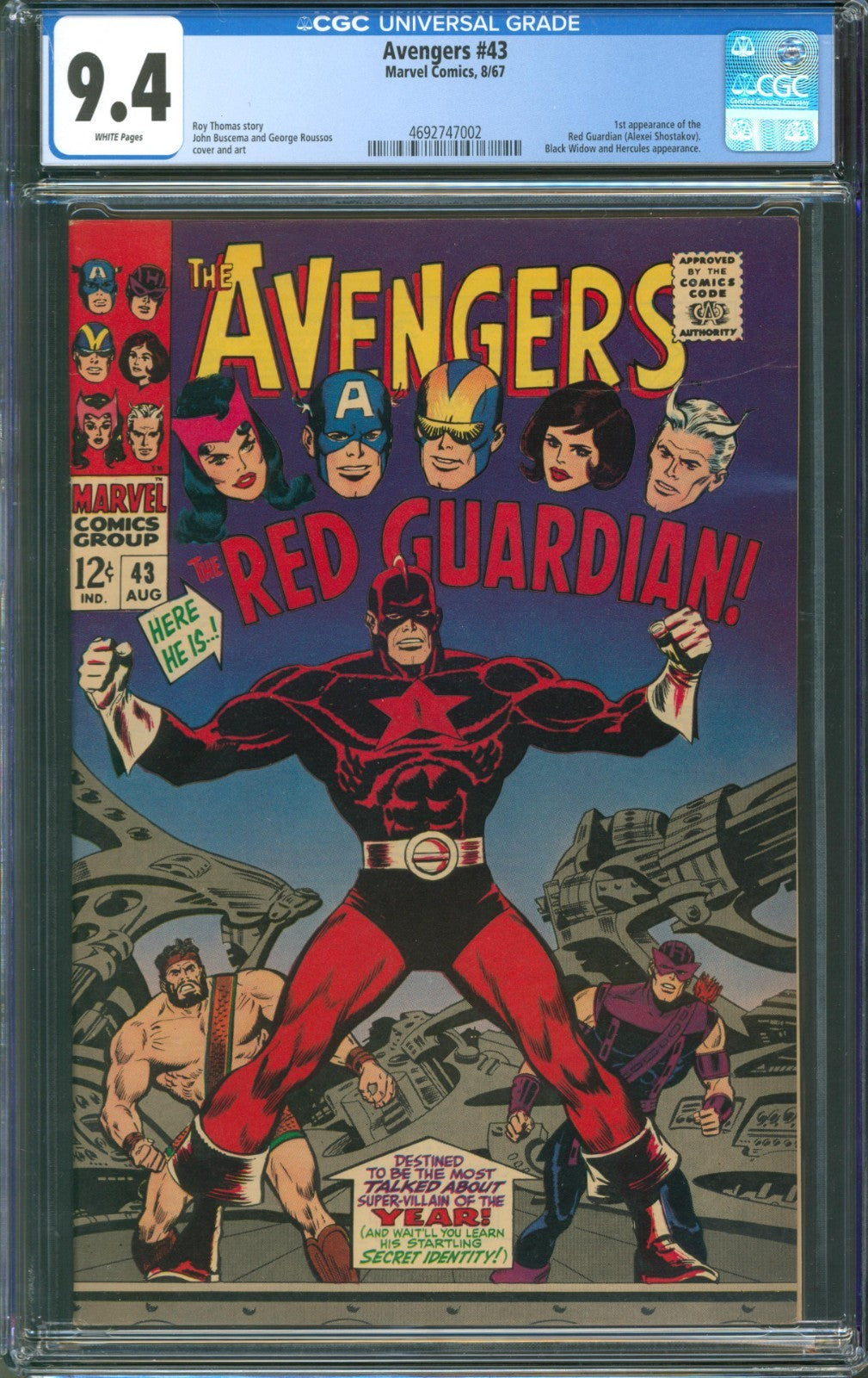 Avengers #43 CGC 9.4 Marvel Comics 1967 White Pages 1st App of Red Guardian