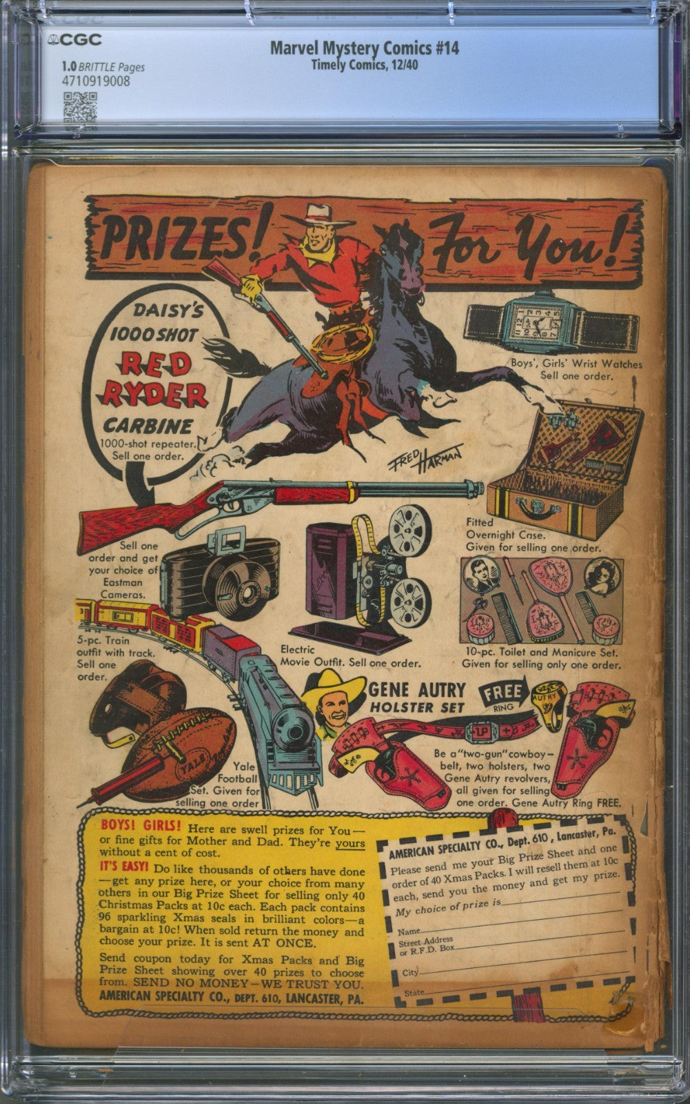 Marvel Mystery Comics #14 CGC 1.0 Timely 1940 2nd Appearance of the Vision