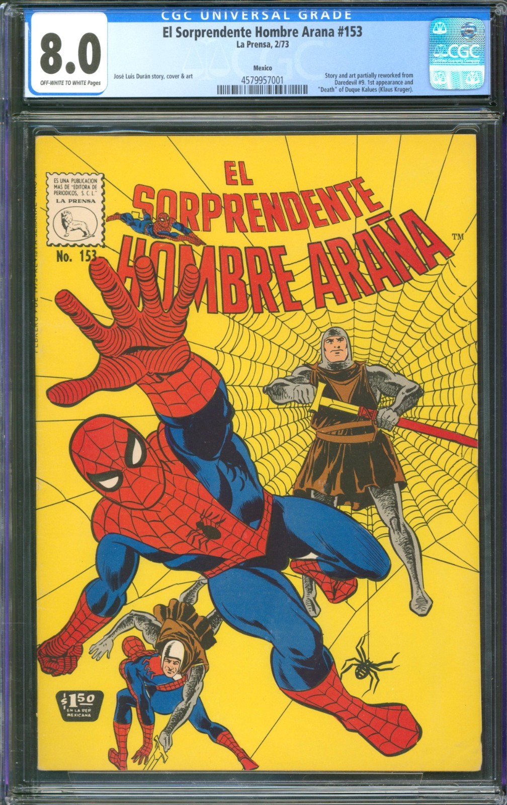 El Sorpredente Hombre Arana #153 CGC 8.0 La Prensa 1973 Mexico Spider-Man